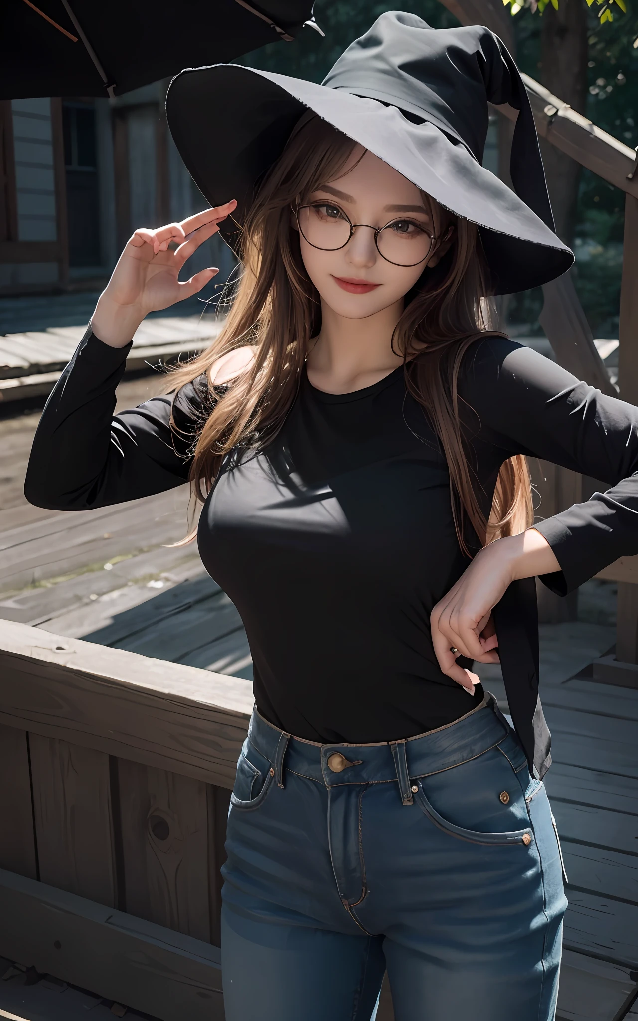 ((Best Quality, 8K, Masterpiece:1.3)), Focus: 1.2, Perfect Body Beauty: 1.4, Buttocks: 1.2, ((Layered Haircut, Breasts: 1.2)), cosplay, at the witch's house, casual: 1.1, black shirt, short levis pants, Highly Detailed Face and Skin Texture, detail fingers, detail nails, Fine Eyes, Double Eyelids, Whitening Skin, Long Hair, (Shut Up: 1.3), Smile, black magic hat, wearing glasses