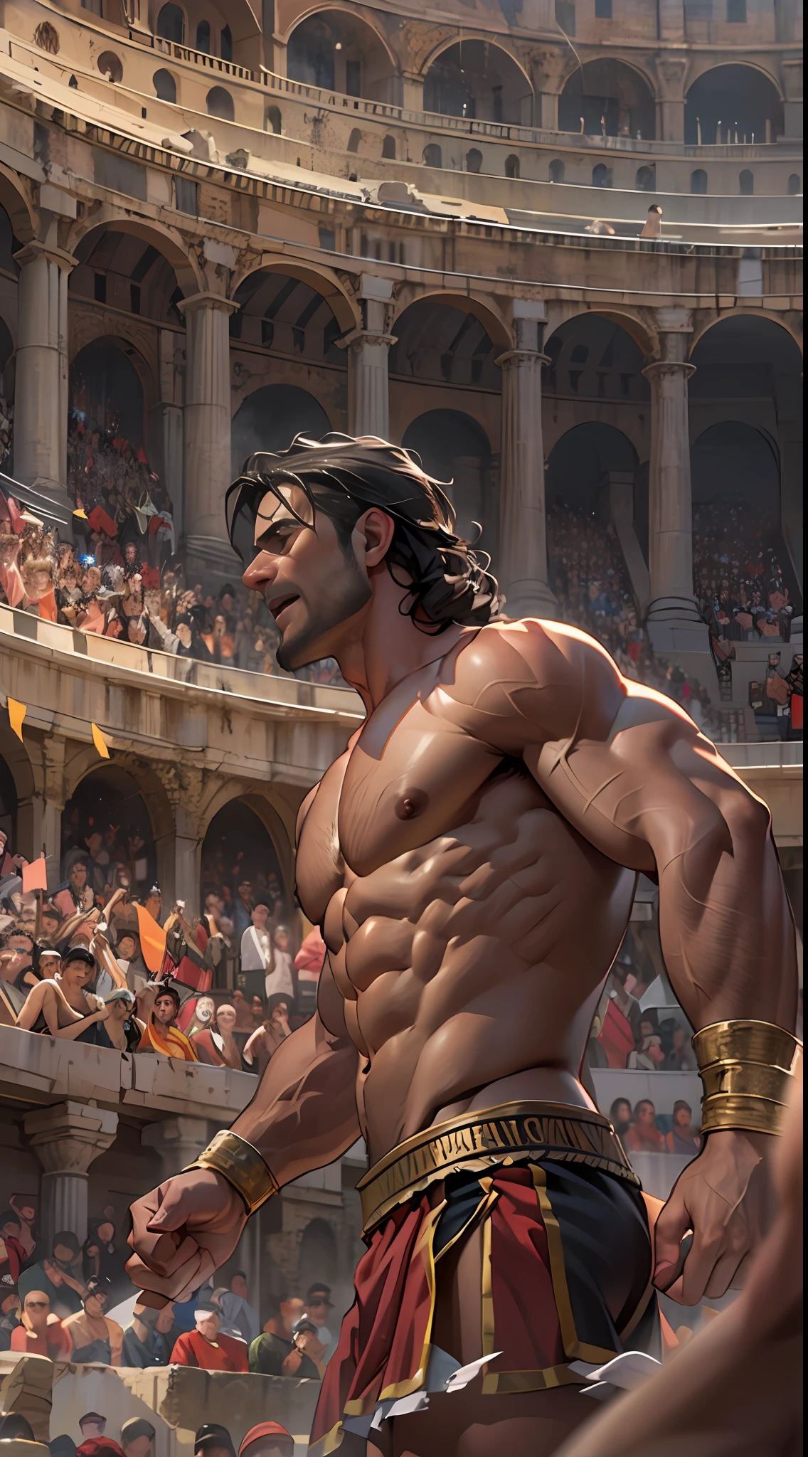 Mighty gladiator, upper torso exposed, legs unclothed from thighs to feet, flowing long curls, detailed muscular physique, lifelike depiction, 4K resolution. Background: Roman colosseum filled with cheering crowd.,32k uhd, best quality, masterpiece, super detail, high details