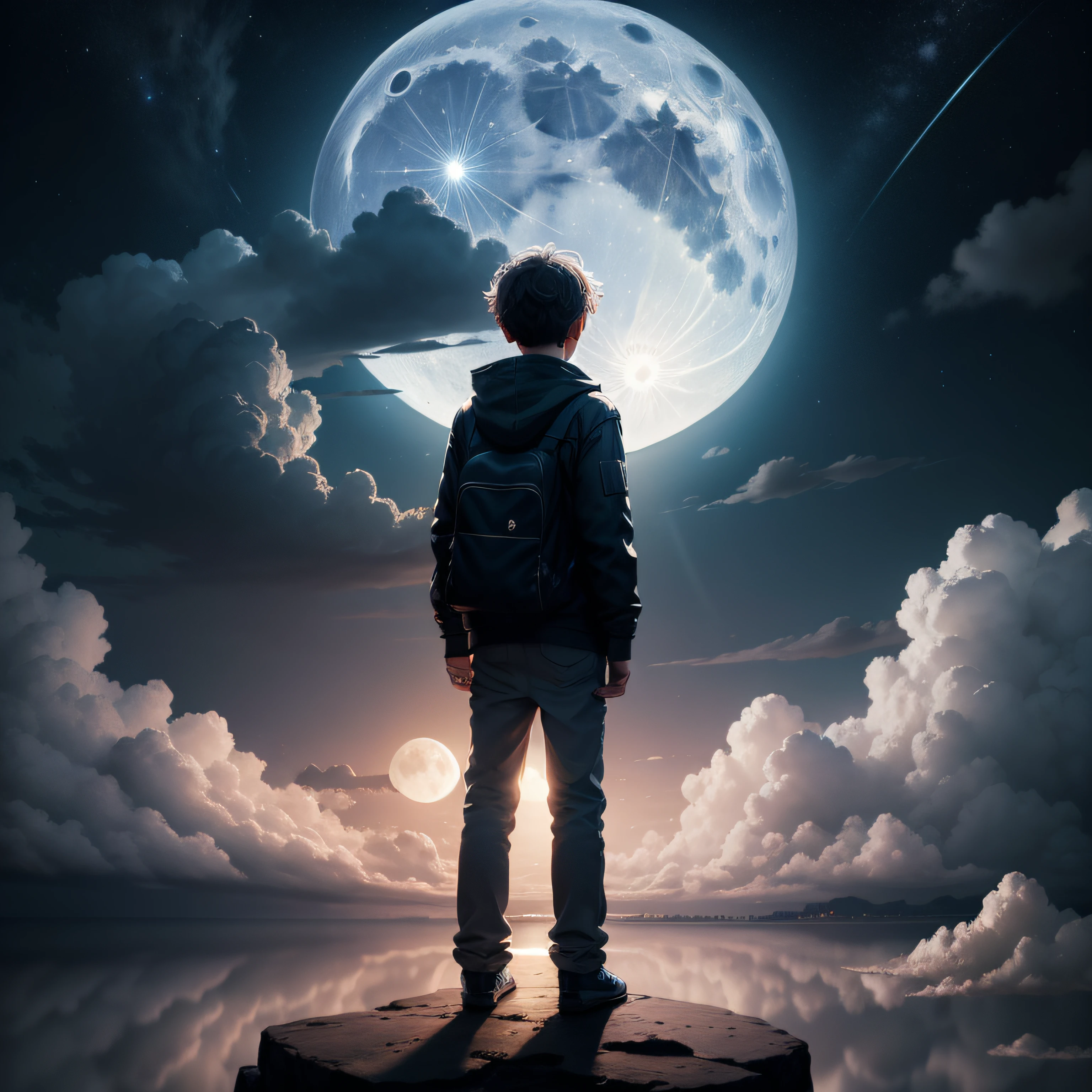 "View the full moon in the night sky, surrounded by clouds, with a lonely boy standing beneath it."