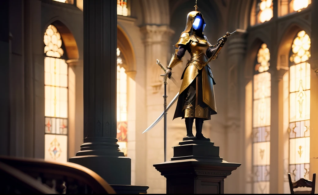 A female swordsman prays in the church,To her left is a tall sculpture,A swordsman holds Excalibur,Behind the sculpture there is a golden glow。The subject of the picture is a female swordsman
