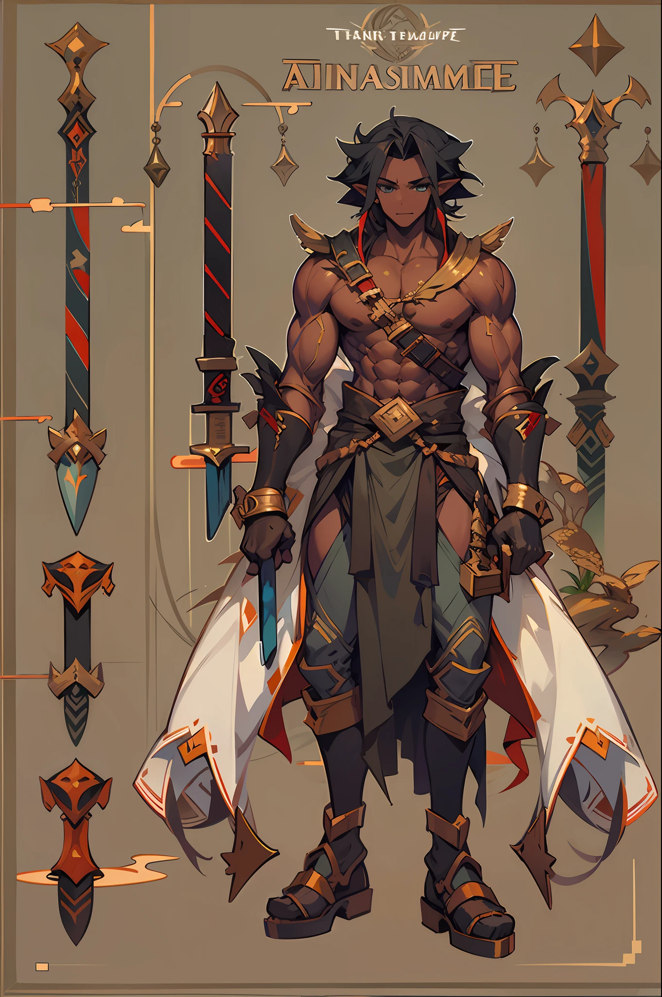 (tmasterpiece,top Quority,best qualtiy),pix,pixelart,the elf,full bodyesbian,(Dark skin),chest muscle,Abs,(Handsome male),assassins,daggers
