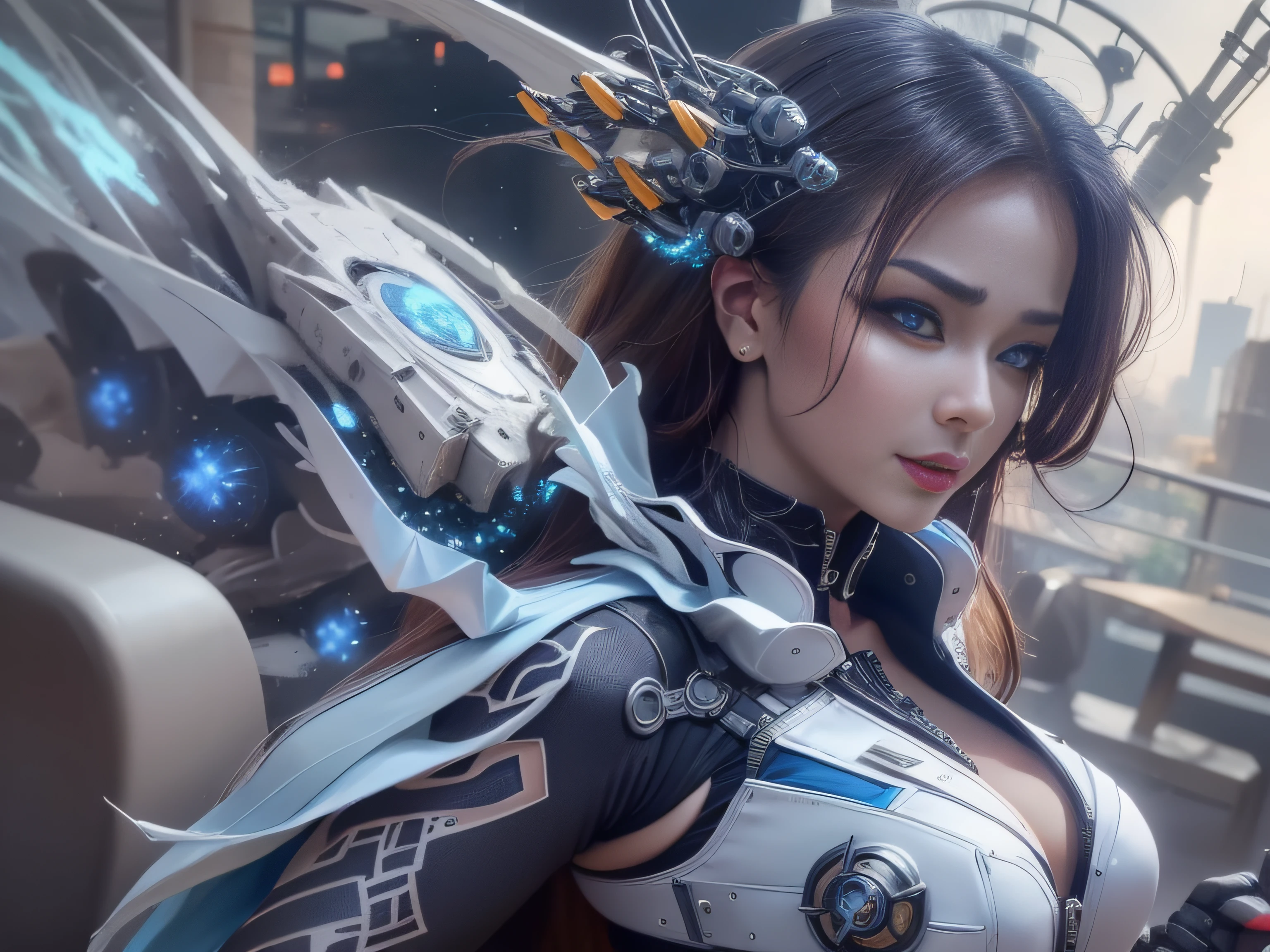 Highest image quality，Outstanding details，超高分辨率，（Fidelity：1.4）, Favor the details，closeup cleavage，The background is a scene of a cosmic celestial body，High-tech dragon knight mech，He has a delicate and beautiful face，（（Blue-white flying semi-mechanical fuselage：1.8）），high-tech weapon，Raised sexy，frontage，cyber punk perssonage，Futuristic，mechanically aesthetic，Virtual Engine 5，Perfect detail rendering，rendering by octane，hyper HD