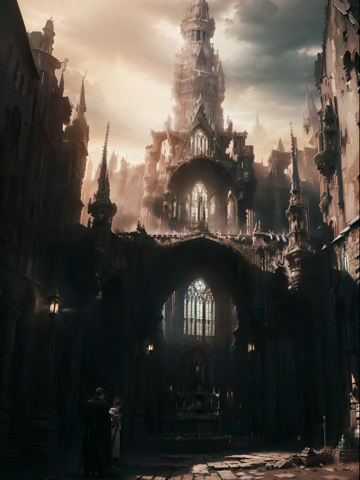 Las ruinas de una gran catedral, gothic style, Gente arrodillada rezando, Sacerdotes, ambiente polvoriento, sucio, cinematiclight, muy cuidada