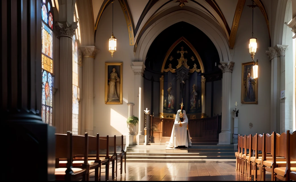 A female swordsman prays in the church，To her left is a tall sculpture，A swordsman holds Excalibur，Behind the sculpture there is a golden glow。The subject of the picture is a female swordsman