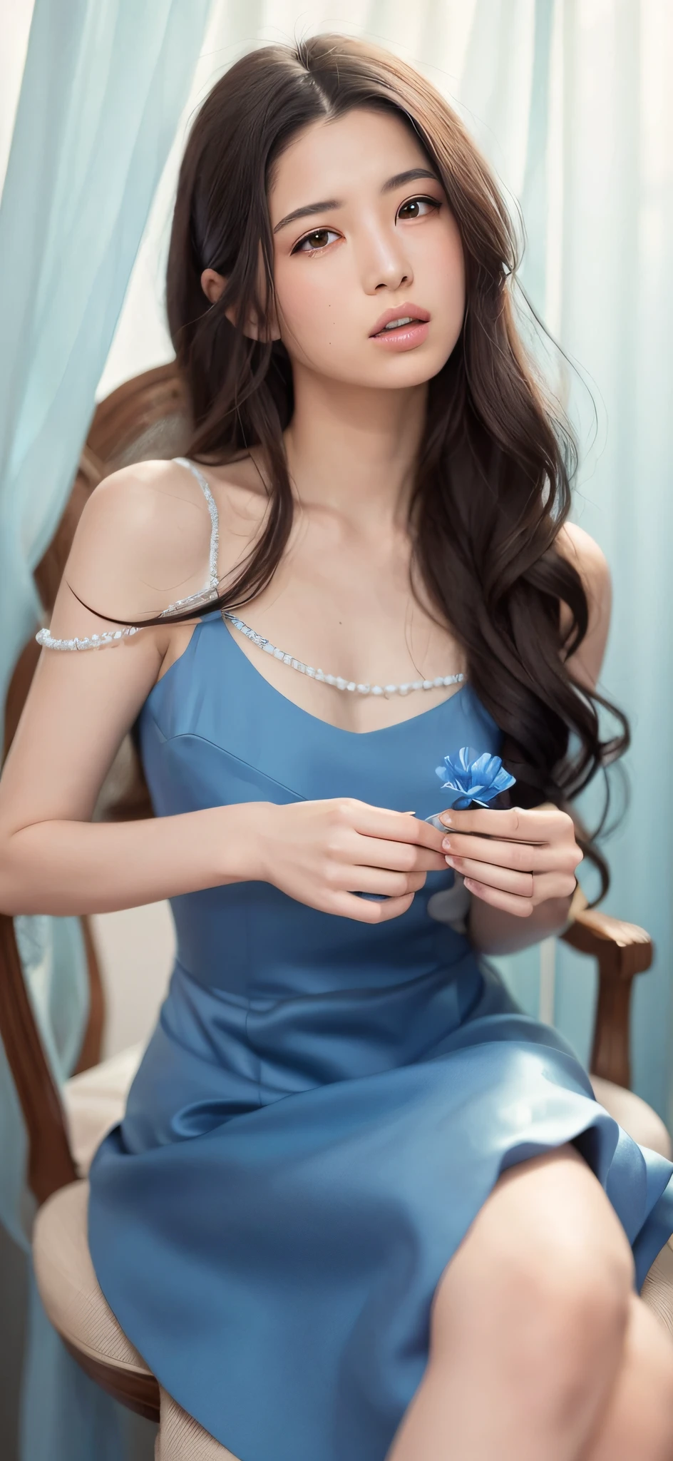 An Araki woman in a blue dress sits in a chair，Holding a flower in hand, fine simple delicate structure, blue soft details, icey blue dress, soft silk dress, floating dress, cute elegant pose, Pale blue, high delicate details, wear blue dresses, sky - blue dress, high delicate defined details, Blue dress, Elegant dress, Ethereal beauty