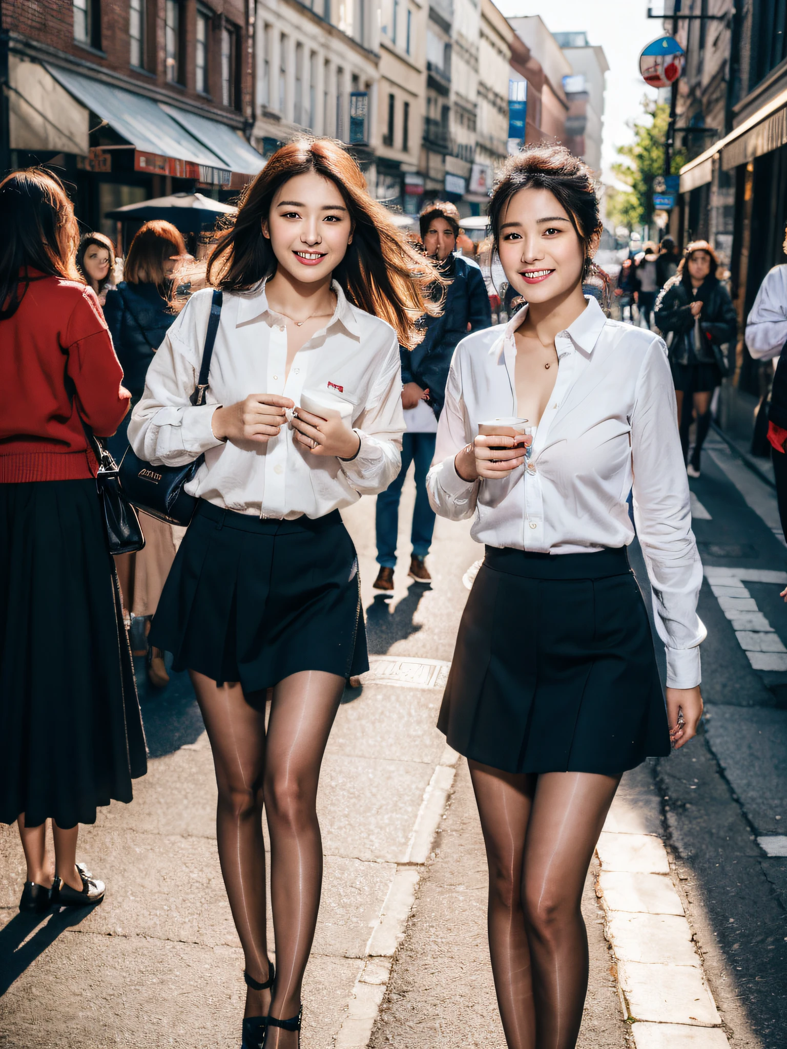 ,(RAW photo:1.2), (Photorealistic:1.4), Street photography,Beautiful Meticulous Girl, very detailed eyes and faces, Beautiful detailed eyes, ultra - detailed, A high resolution, The is very detailed,best qualtiy,tmasterpiece,The shirt,a skirt,illustratio,The is very detailed,unified,8k 壁纸,finely detailled,tmasterpiece,best qualtiy,Unity8k wallpapers,light in face,cinmatic lighting, 1girll, 16 years old,(Camel toes),(full bodyesbian),are standing,鎖骨,nipple tops,a black skirt,black lence stockings,high-heels,the street,城市