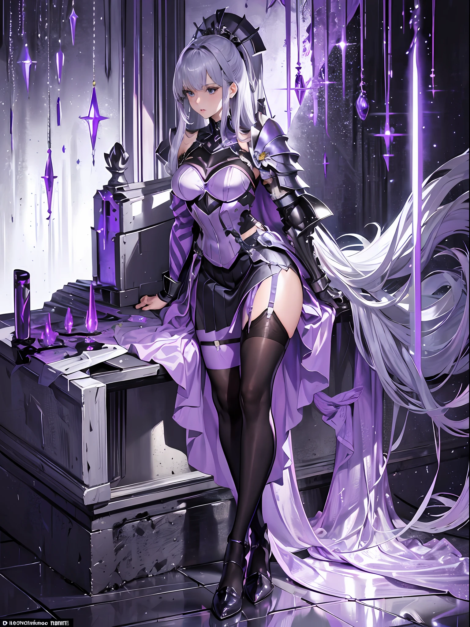 Wear purple，Heavy knight armor，Wear a purple stand，Large silver-toned shoulder pads，Silver calf and knee armor，Tall girl，Real Human，Purple and white striped miniskirt，Black suspender stockings，In front of the castle，Hold a sword in your right hand，fully body photo