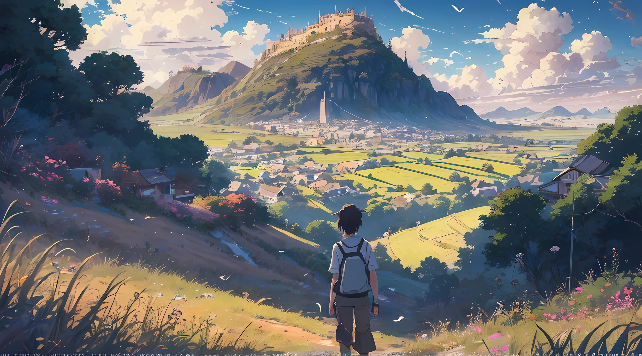 anime scene of a man standing under a tree in a meadow in fantasy world while seeing a village in foothills of mountain in far away horizon, anime nature wallpaper, anime countryside landscape, anime background, anime nature, anime beautiful peace scene, anime landscape wallpaper, anime background art, beautiful anime scenery, anime lush john 8k woods, scenery artwork, anime landscape, anime scenery, makoto shinkai, background art, anime movie background, feel peacefull, summer, loneliness, anime style, kimi no nawa, Kotonoha No Niwa, Tenki No Ko, makoto shinkai, genshin impact, final fantasy, 4K, HDR, extreme reallistic, rich color, stunning image, artstation, sharp focus, studio photo, intricate details, highly detailed, cinematic, realism, high contrast, breath taking, top quality, best quality, official art, beautiful and aesthetic, extreme detailed, fractal art, colorful, highest detailed, scenic beauty