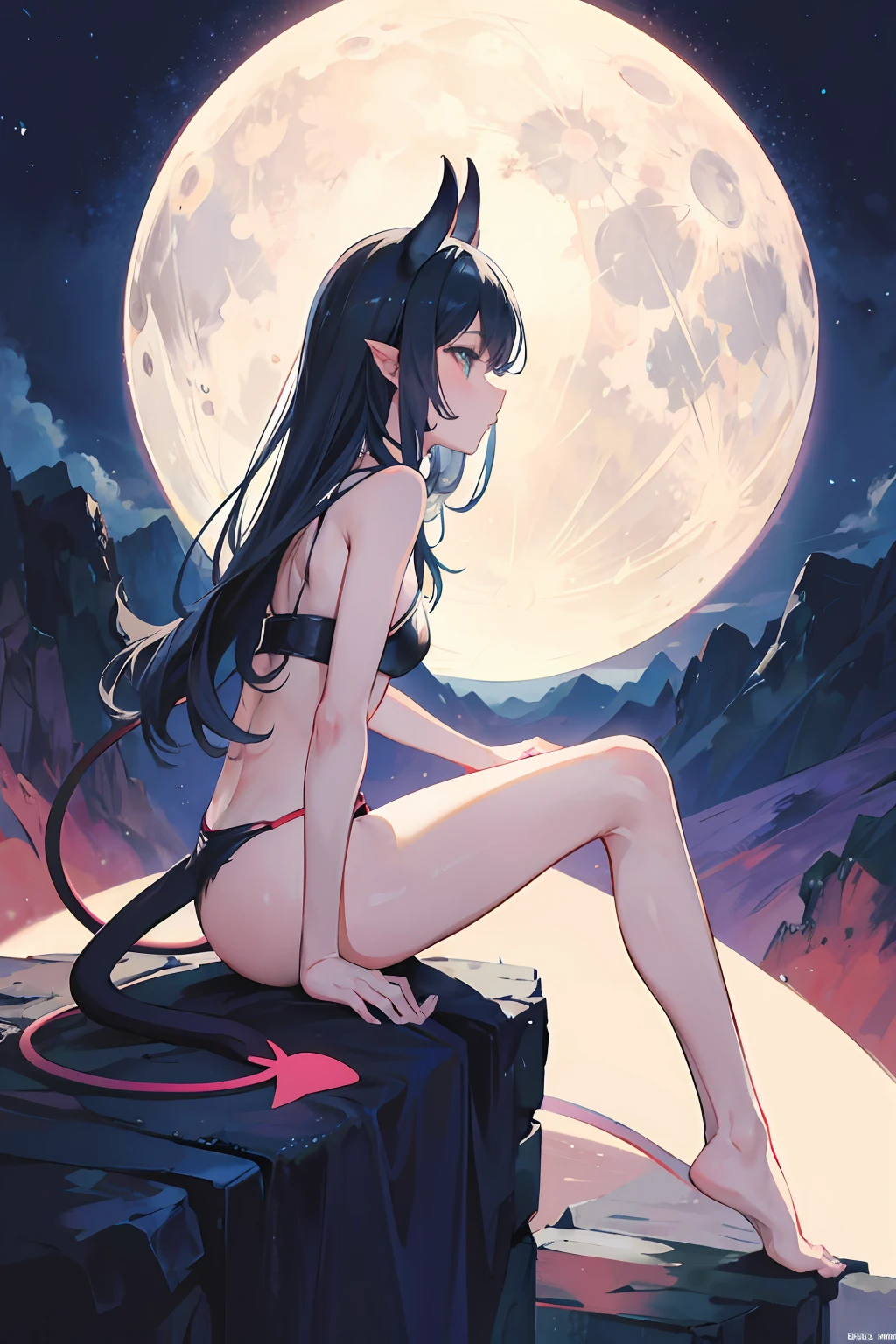 from side,profile,demon tail,long tail,solo,sit on the moon,earth