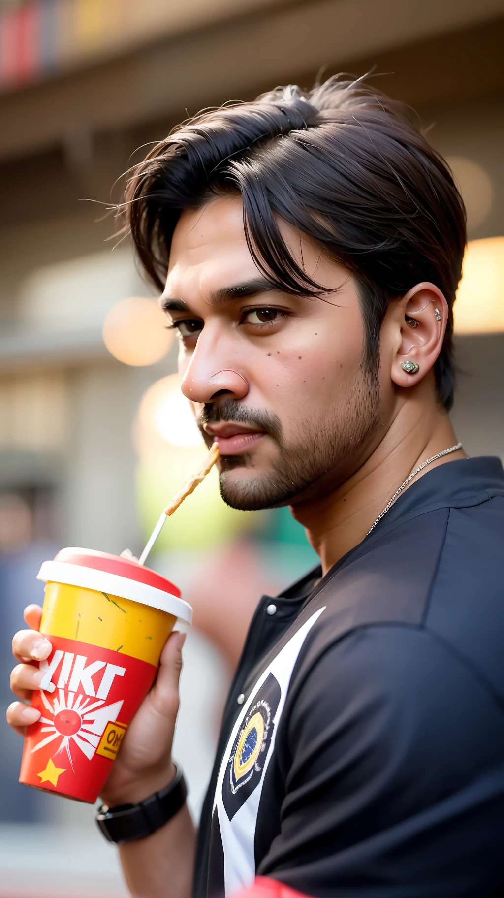 Ms dhoni in Indian Street, eating fast food and cyberpunk handsome boy ultra realistic face,