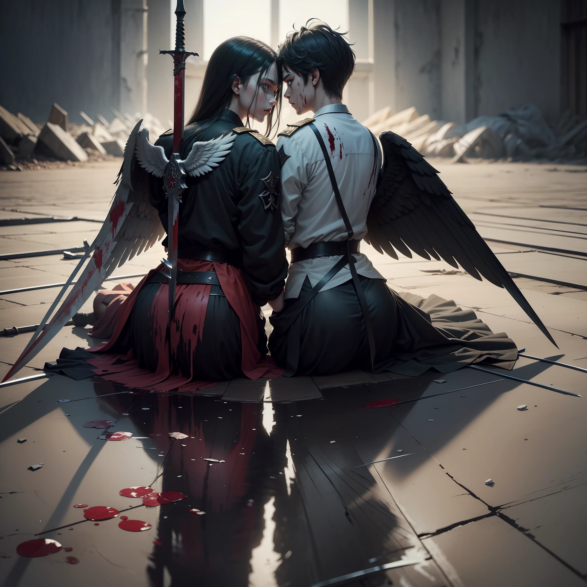 of a fallen angel and an angel showing each other swords as if they wanted to kill each other and they looked like they'd already fought with the army. They must look tired, (blood on their clothes and on their faces)