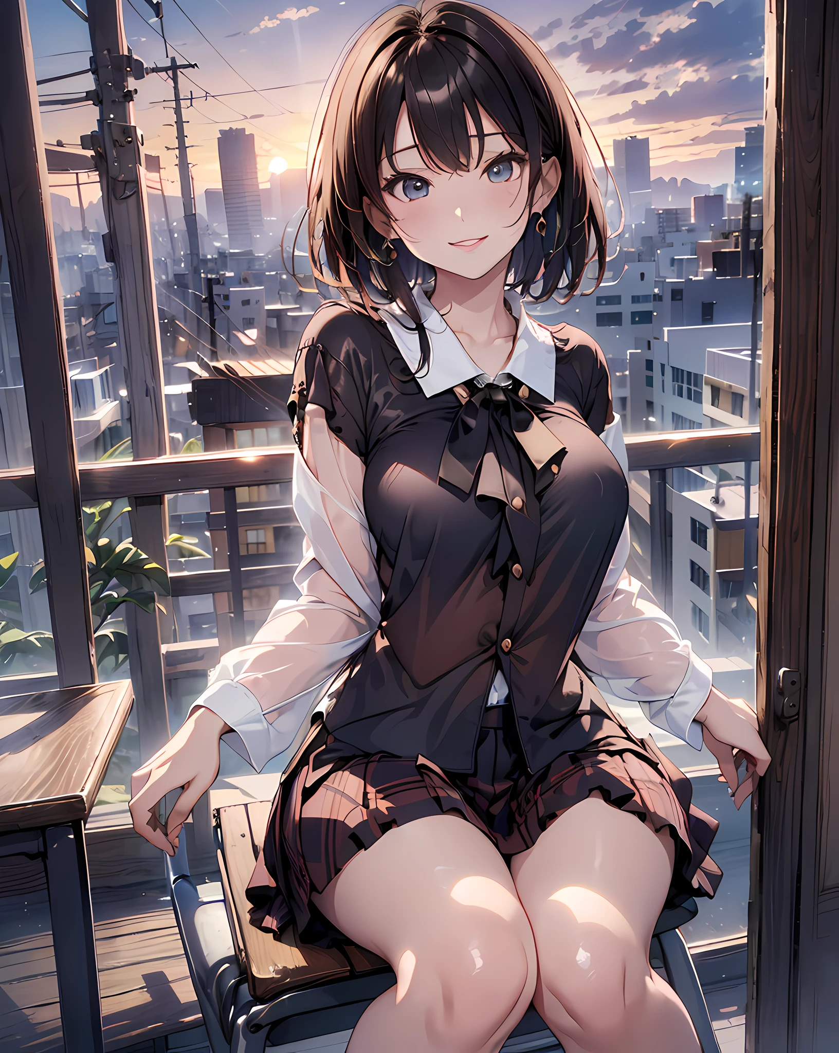 (masterpiece, best quality:1.37), highres, ultra-detailed, ultra-sharp, BREAK, Korean office queen, (((1girl:1.37, solo))), (beautiful anime face, cute face, detailed face), (brown hair, thin hair, short hair, bangs, hime-cut), detailed beautiful cyan eyes, BREAK, ((detailed blouse:1.5)), (detailed short skirt:1.5), BREAK, lovely look, earing, detailed clothes), light smile, closed mouth, parted lips, pink lipstick, BREAK, ((sitting the chair, spread legs, hands between legs)), detailed human hands, HDTV:1.2, ((detailed sunset office room view background:1.3)), 8 life size, slender, anime style, anime style school girl, perfect anatomy, perfect proportion, inspiration from Kyoto animation and A-1 picture, late evening, excellent lighting, bright colors, clean lines, photorealistic