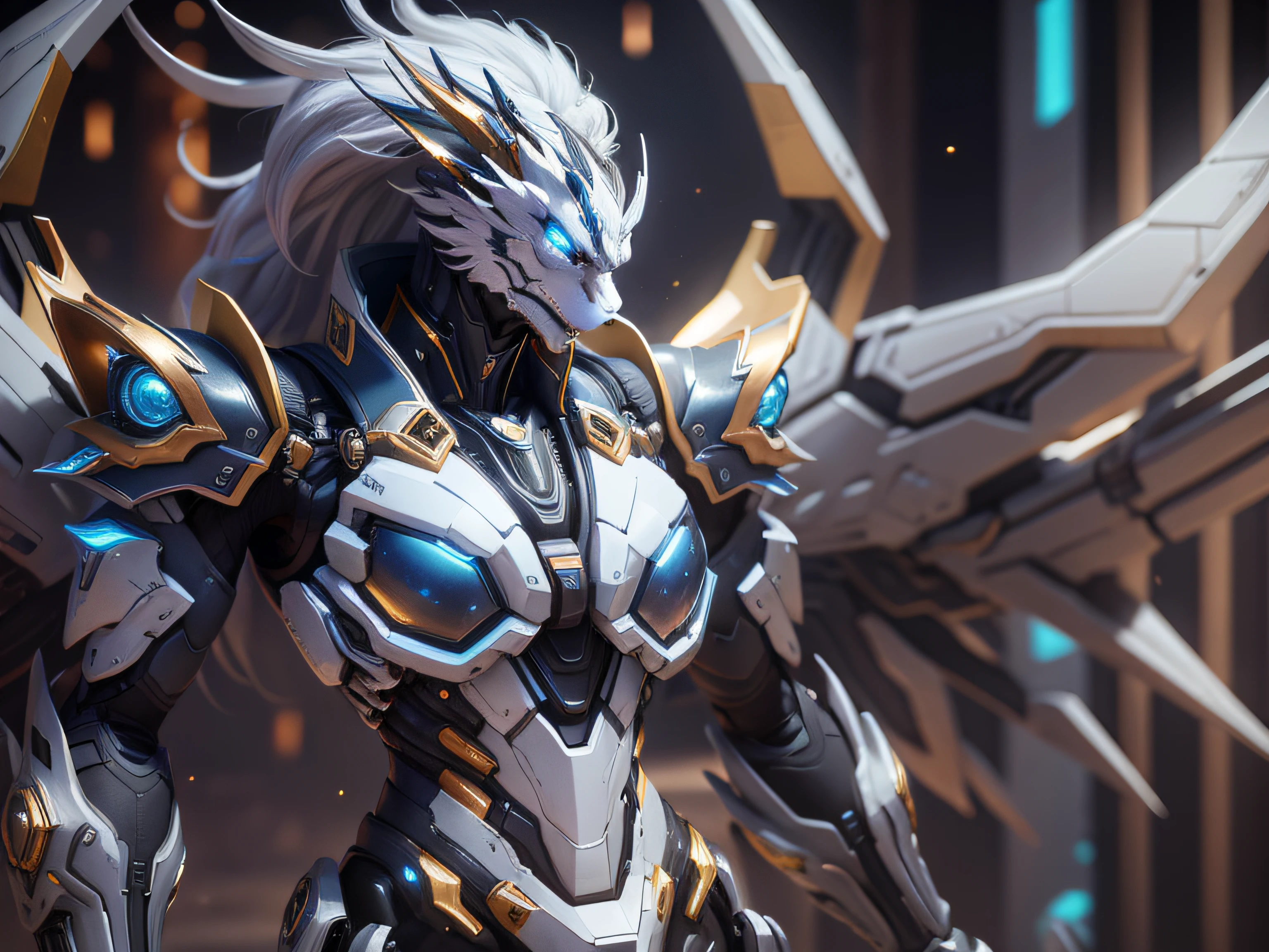 Highest image quality，Outstanding details，超高分辨率，（Fidelity：1.4）, Favor the details，closeup cleavage，The background is a scene of a cosmic celestial body，High-tech dragon knight mech，He has a delicate and beautiful face，（（Blue-white flying semi-mechanical fuselage：1.8）），high-tech weapon，Raised sexy，frontage，cyber punk perssonage，Futuristic，mechanically aesthetic，Virtual Engine 5，Perfect detail rendering，rendering by octane，hyper HD