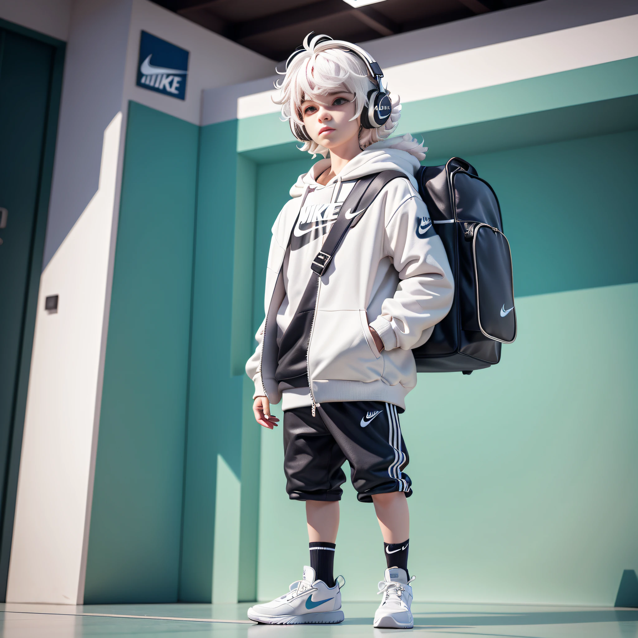 A boy, Very cool, Fluffy hair, White hair, Wearing headphones, Trendy clothes, wearing nike shoes, Bring an inflatable school bag, solid color backdrop, 8K, Masterpiece, Very detailed, Highest quality, C4D, IP image, Bubble Mart,