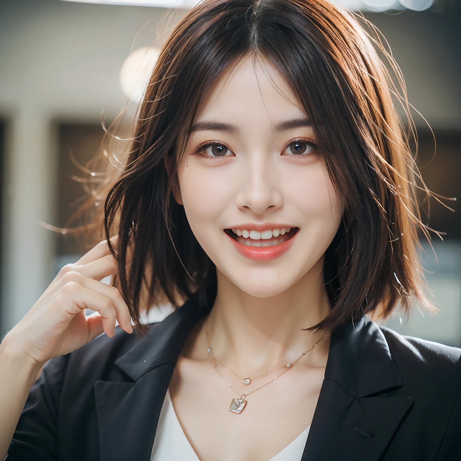 Dressed, (photographrealistic:1.4), (Hyper realistic:1.4), (Realistic:1.3), (Smoother lighting:1.05), (increase cinematic lighting quality:0.9), 32K, 1girl in,25-years old, Realistic lighting, Backlighting, Light on Face, raytrace, (Brightening light:1.2), (Increase quality:1.4), (Top quality real texture skins:1.4), finely detailed eyes, finerly detailed face, (tired and sleepy and joy:0), (Laugh:1.4), Black Suit,a necklace, (Increase body line mood:1.1), (Increase the beauty of skin texture:1.1)