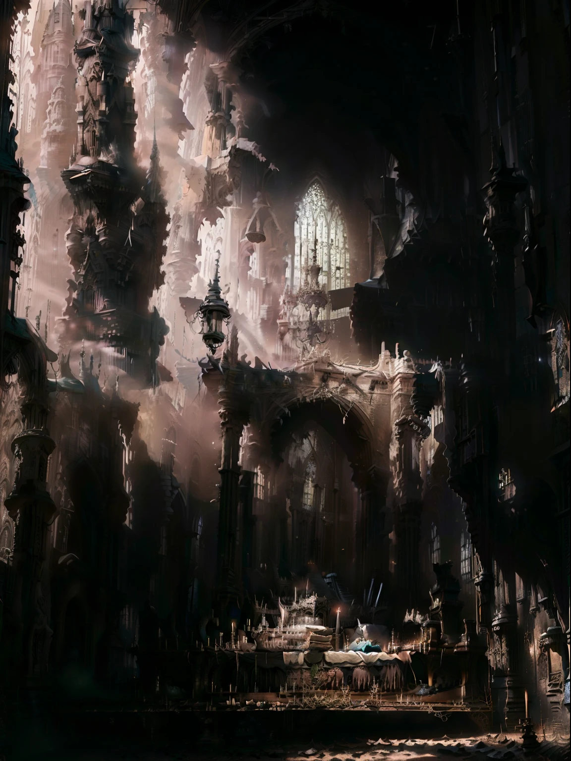 Las ruinas de una gran catedral, Hiperrealista, gothic style, Gente arrodillada rezando, Sacerdotes, ambiente polvoriento, sucio, cinematiclight,