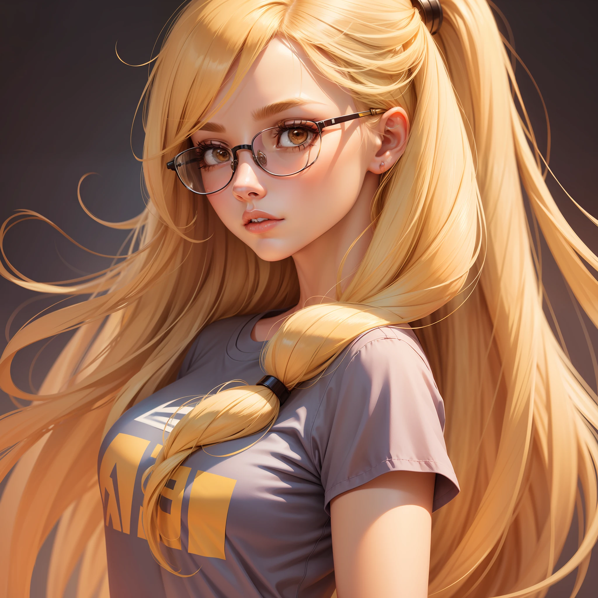 best quality,cartoon_portrait, 1girl, solo, long hair, looking at viewer, blonde hair, simple background, shirt, brown eyes, glasses, lips, round eyewear, lips ,