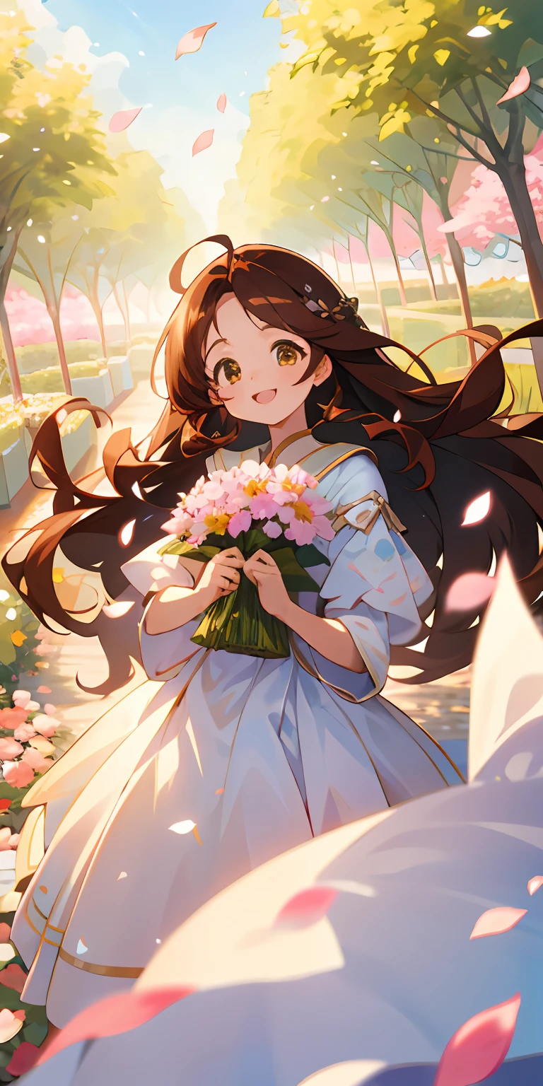 （top-quality，tmasterpiece，hyper realisitc），A beautiful and delicate girl，Happy laughter，largeeyes，The eyes are full of joy，Long hair，brown  hair，ssmile，Soft and peaceful expression，The background landscape is a garden，Petals and puffs fly around。 --v6