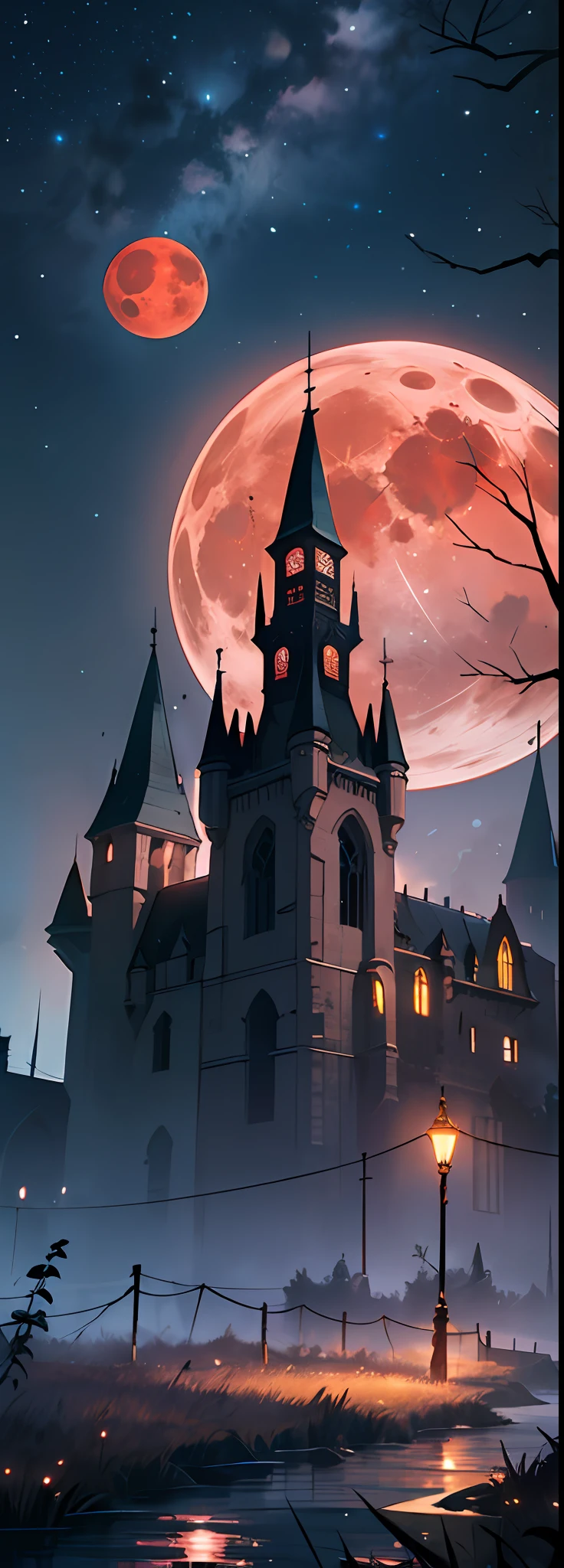 Ultra-wide field of view，Look from the bottom up，Dark castle on a moonlit night，mysterious darkness，A werewolf looming in the shadows，Huge red moon，uncanny，shadowy，soggy，Man-eating vines，There are no lights，Black mist-wrapped castle，run-down，Clear and detailed image quality，Engaging shots，Soft lighting，detail-rich，Transparent starry sky，Unique architecture，Blinking lights，Active character actions。
