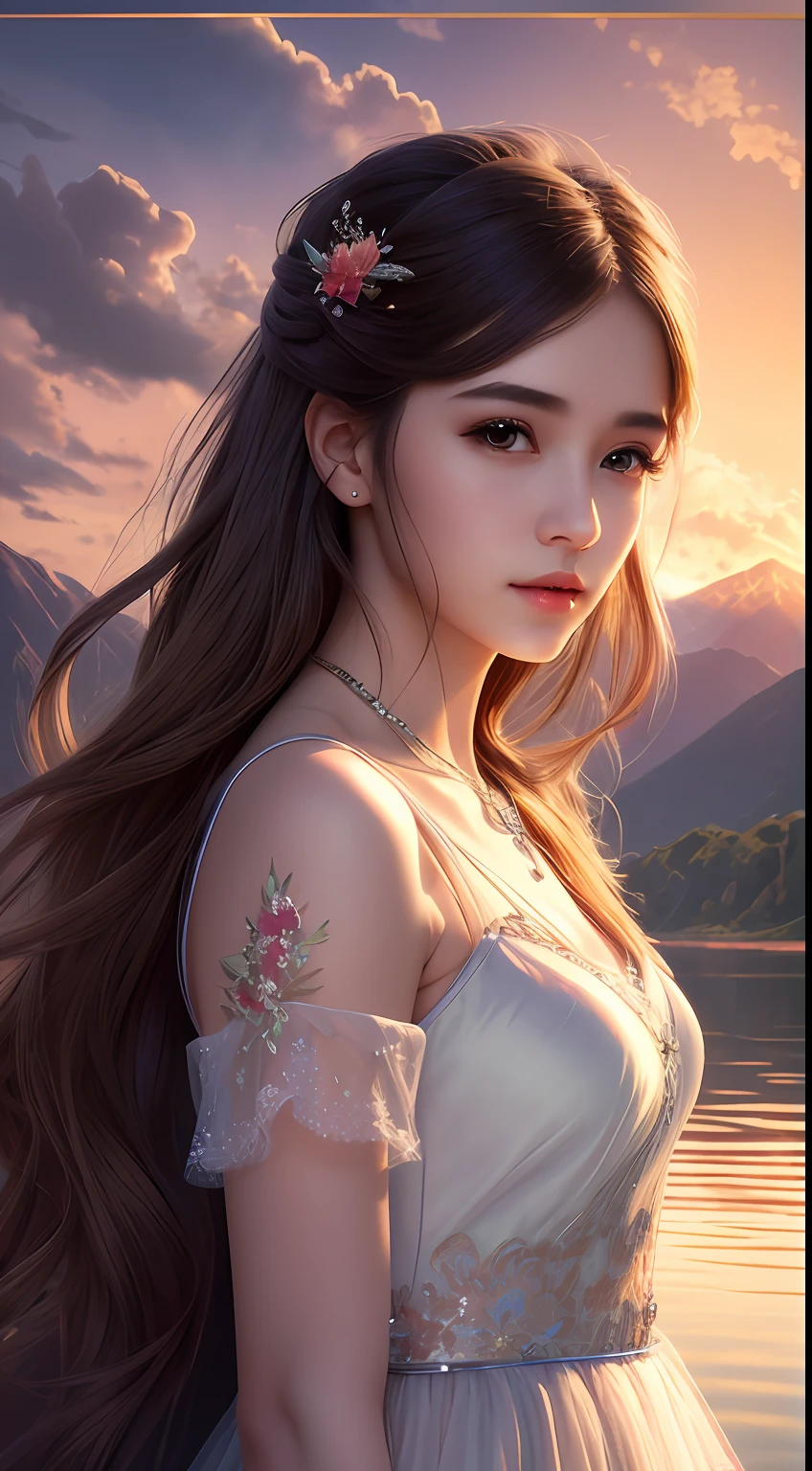 Best quality,Masterpiece,ultra-detailed high res,(Photorealistic:1.4),RAW photo,,illustration,1 girl, Serene expression, mesmerizing eyes, straight long hair, floating dress, poised posture, Porcelain skin, Subtle blush, crystal pendant BREAK, prime time, (rim lit):1.2, Warm tones, Sun flare, Soft shadows, Vibrant colors, painterly effect, dreamy atmosphere scenic lake, Distant mountains, willowy, Calm water, Reflection, Sunlit clouds, tranquil ambiance, Idyllic sunsets, Ultra detailed, offcial art, Unity 8k wallpaper,