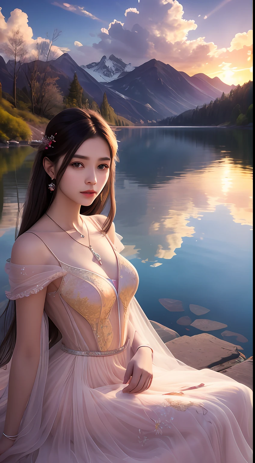 Best quality,Masterpiece,ultra-detailed high res,(Photorealistic:1.4),RAW photo,,illustration,1 girl, Serene expression, mesmerizing eyes, straight long hair, floating dress, poised posture, Porcelain skin, Subtle blush, crystal pendant BREAK, prime time, (rim lit):1.2, Warm tones, Sun flare, Soft shadows, Vibrant colors, painterly effect, dreamy atmosphere scenic lake, Distant mountains, willowy, Calm water, Reflection, Sunlit clouds, tranquil ambiance, Idyllic sunsets, Ultra detailed, offcial art, Unity 8k wallpaper,