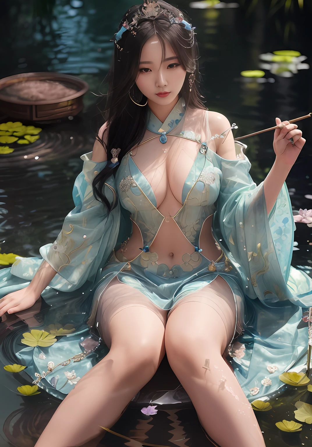 Arafe woman in blue dress sitting in pond with a stick, goddess of Japan, gorgeous chinese model, a beautiful fantasy empress, palatial palace , a girl in hanfu, beautiful goddess, Oriental Fantasy, Chinese girl, Traditional beauty, ((a beautiful fantasy empress)), full-body xianxia, closeup fantasy with water magic, Sexy Girl, Beautiful Asian Girl