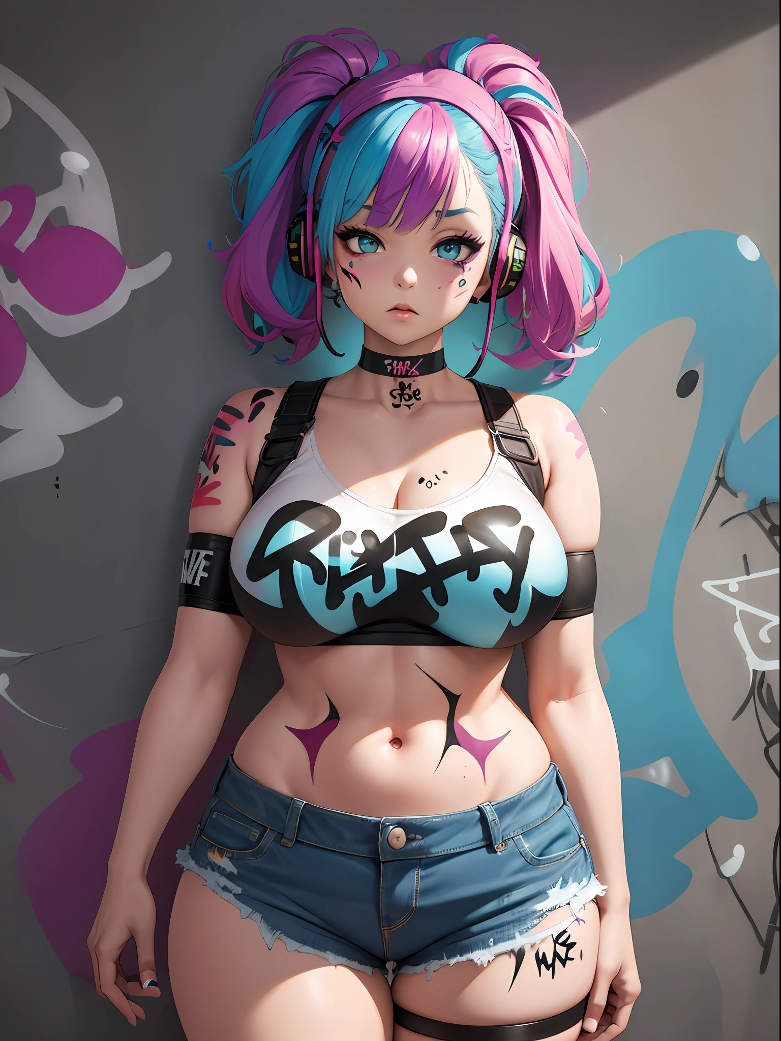masterpiece, best quality, bbw girl, solo, crop top, denim shorts, choker, (graffiti:1.5), paint splatter, arms behind back, against wall, looking at viewer, armband, thigh strap, paint on body, head tilt, bored, multicolored hair, aqua eyes, headset,