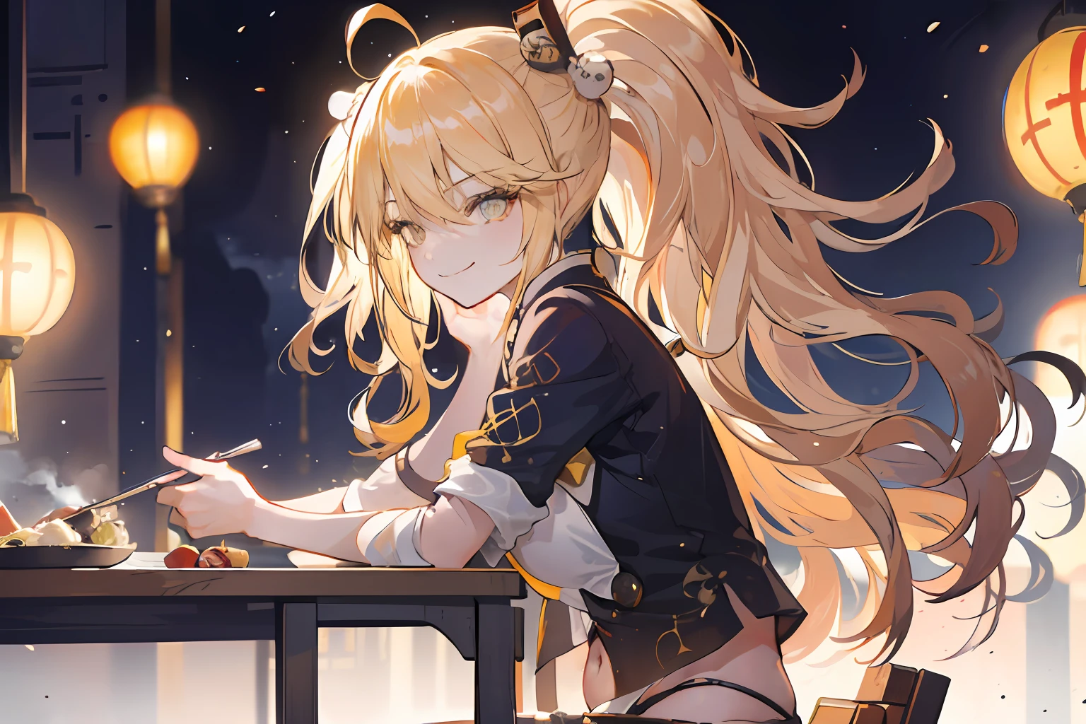 aether, 1girl, solo, girl  focus, blonde hair, yellow eyes, hair between eyes, long hair, braid, ahoge, midriff, navel, sitting down, table, dinner, smiling, red light, soft light, from side, night, chinese market town