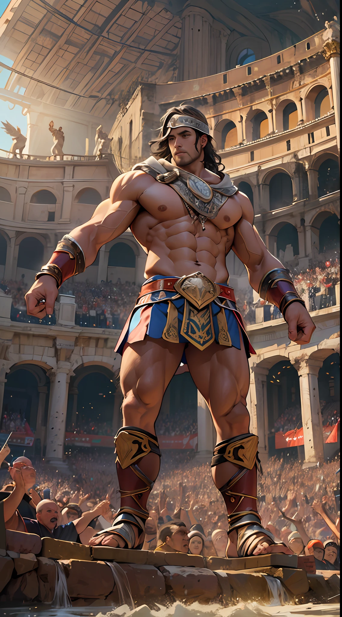 Mighty gladiator, upper torso exposed, legs unclothed from thighs to feet, flowing long curls, detailed muscular physique, lifelike depiction, 4K resolution. Background: Roman colosseum filled with cheering crowd.,32k uhd, best quality, masterpiece, super detail, high details