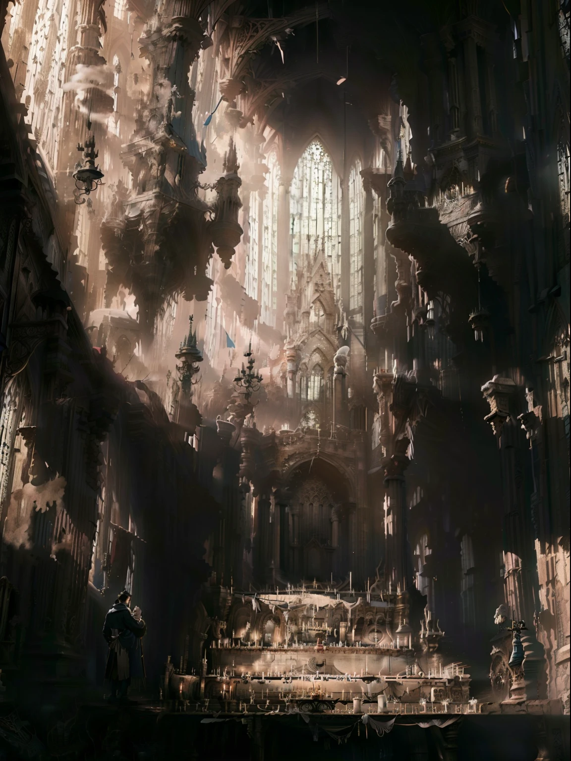 Las ruinas de una gran catedral, Hiperrealista, Estilo Barroco, Gente arrodillada rezando, Sacerdotes, ambiente polvoriento, sucio, velas encendidas, cinematiclight,