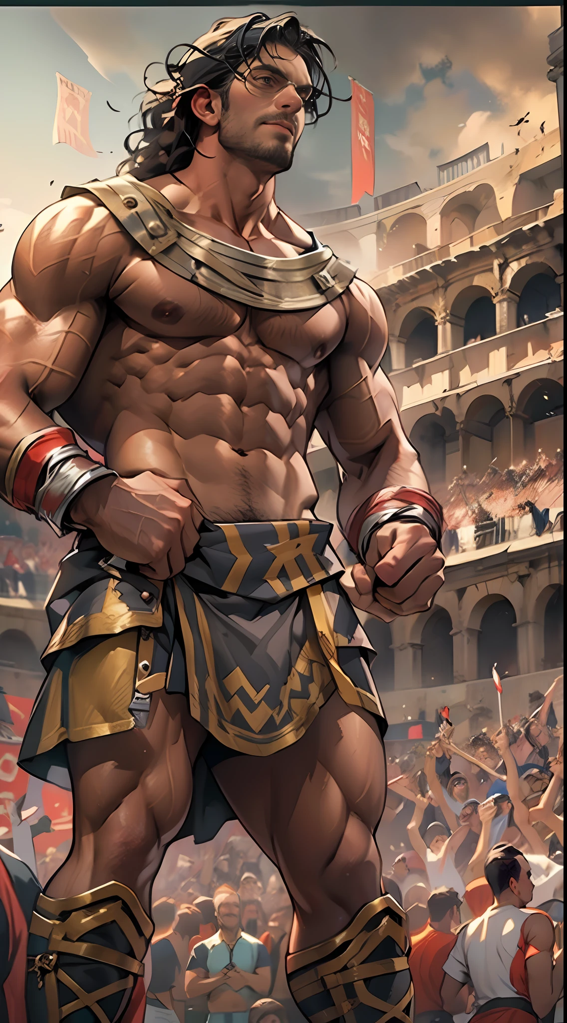 Mighty gladiator, upper torso exposed, legs unclothed from thighs to feet, flowing long curls, detailed muscular physique, lifelike depiction, 4K resolution. Background: Roman colosseum filled with cheering crowd.,32k uhd, best quality, masterpiece, super detail, high details