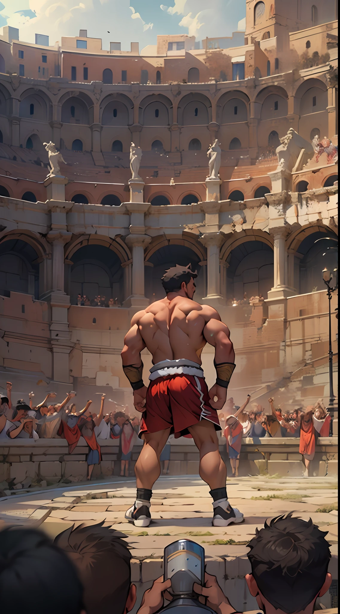 Mighty gladiator, upper torso exposed, legs unclothed from thighs to feet, flowing long curls, detailed muscular physique, lifelike depiction, 4K resolution. Background: Roman colosseum filled with cheering crowd.,32k uhd, best quality, masterpiece, super detail, high details