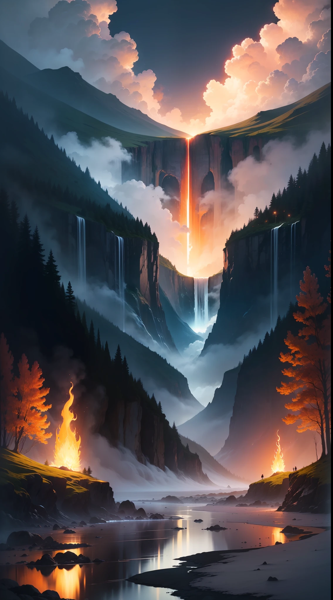 Step into a realm where the elements converge in a mesmerizing symphony of nature's grandeur. Picture an awe-inspiring landscape where earth, water, air, and fire coalesce harmoniously, creating an enchanting scene that captivates the senses.
At the heart of this ethereal symphony stands a majestic waterfall, its cascading waters flowing gracefully from a lofty cliff, surrounded by a gentle mist. The waterfall merges with a crystal-clear river that winds its way through the landscape, reflecting the surrounding beauty like a mirror.
The riverbanks come alive with an array of vibrant flowers and lush vegetation, swaying gently in the soft breeze. Towering trees with leaves of various hues sway rhythmically, as if they are part of nature's own orchestra.
Above the breathtaking panorama, fluffy clouds drift across the sky, casting fleeting shadows over the land below. The sun's warm rays pierce through the clouds, illuminating the landscape in a divine play of light and shadow.
As you explore further, you encounter geysers that erupt sporadically, shooting water and steam into the air like musical crescendos. Their eruptions become part of nature's symphony, blending with the serene sounds of flowing water.
In the distance, a majestic volcano stands tall, exuding an aura of power. Lava flows gently from its crater, creating a mesmerizing glow against the darkening sky. The volcano's rumblings add a subtle bass note to the symphony, a reminder of nature's raw energy.
Throughout this enchanting landscape, mythical creatures hide among the flora and fauna, adding an air of magic and mystery. Perhaps a graceful water nymph plays among the river's ripples, or a fire phoenix soars gracefully through the sky, leaving sparks in its wake.
The colors of this surreal scene blend seamlessly, painting a dreamscape that feels both tranquil and vibrant. Nature's symphony resonates with the viewer, evoking a profound sense of wonder and appreciation for the natural world.