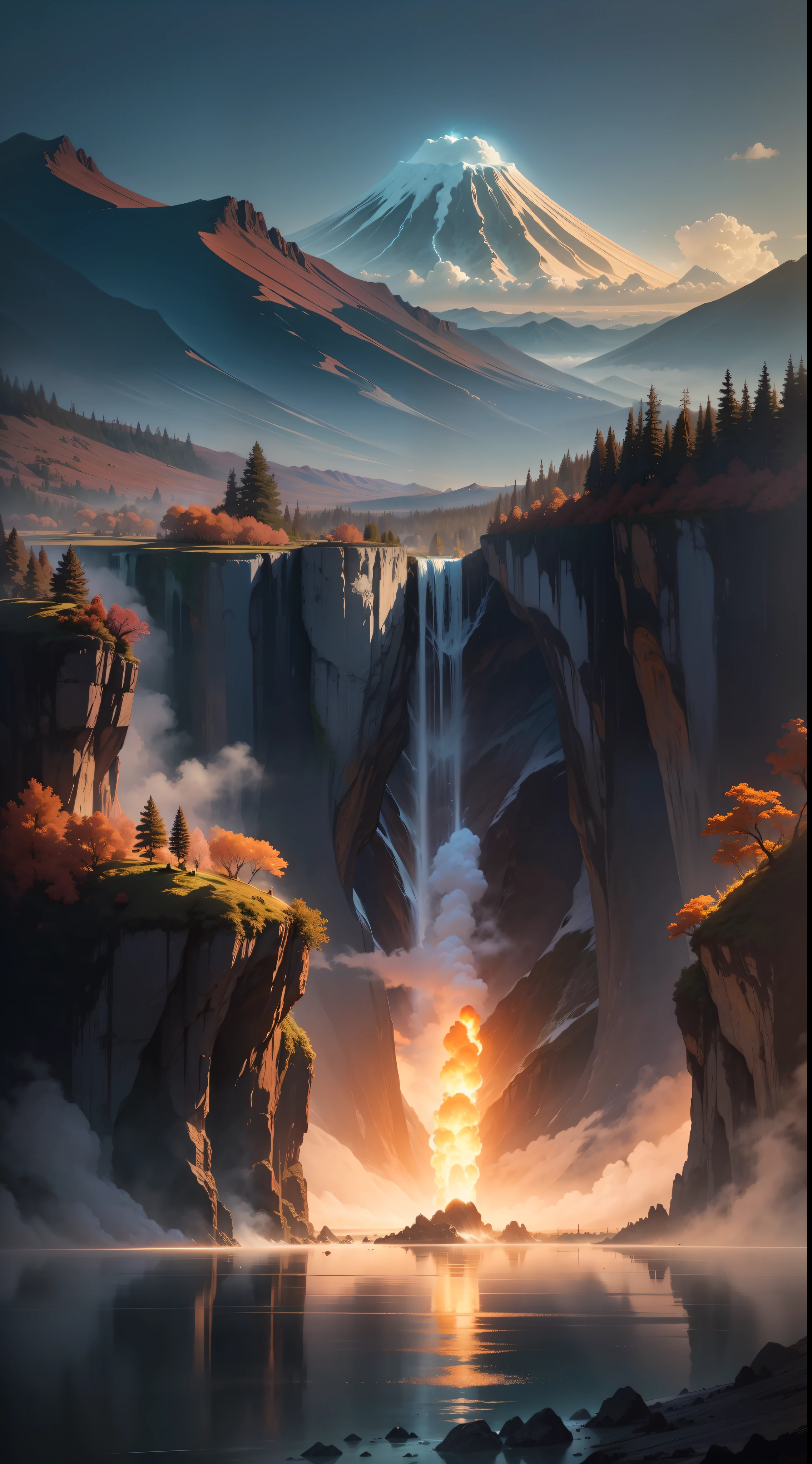 Step into a realm where the elements converge in a mesmerizing symphony of nature's grandeur. Picture an awe-inspiring landscape where earth, water, air, and fire coalesce harmoniously, creating an enchanting scene that captivates the senses.

At the heart of this ethereal symphony stands a majestic waterfall, its cascading waters flowing gracefully from a lofty cliff, surrounded by a gentle mist. The waterfall merges with a crystal-clear river that winds its way through the landscape, reflecting the surrounding beauty like a mirror.

The riverbanks come alive with an array of vibrant flowers and lush vegetation, swaying gently in the soft breeze. Towering trees with leaves of various hues sway rhythmically, as if they are part of nature's own orchestra.

Above the breathtaking panorama, fluffy clouds drift across the sky, casting fleeting shadows over the land below. The sun's warm rays pierce through the clouds, illuminating the landscape in a divine play of light and shadow.

As you explore further, you encounter geysers that erupt sporadically, shooting water and steam into the air like musical crescendos. Their eruptions become part of nature's symphony, blending with the serene sounds of flowing water.

In the distance, a majestic volcano stands tall, exuding an aura of power. Lava flows gently from its crater, creating a mesmerizing glow against the darkening sky. The volcano's rumblings add a subtle bass note to the symphony, a reminder of nature's raw energy.

Throughout this enchanting landscape, mythical creatures hide among the flora and fauna, adding an air of magic and mystery. Perhaps a graceful water nymph plays among the river's ripples, or a fire phoenix soars gracefully through the sky, leaving sparks in its wake.

The colors of this surreal scene blend seamlessly, painting a dreamscape that feels both tranquil and vibrant. Nature's symphony resonates with the viewer, evoking a profound sense of wonder and appreciation for the natural world.