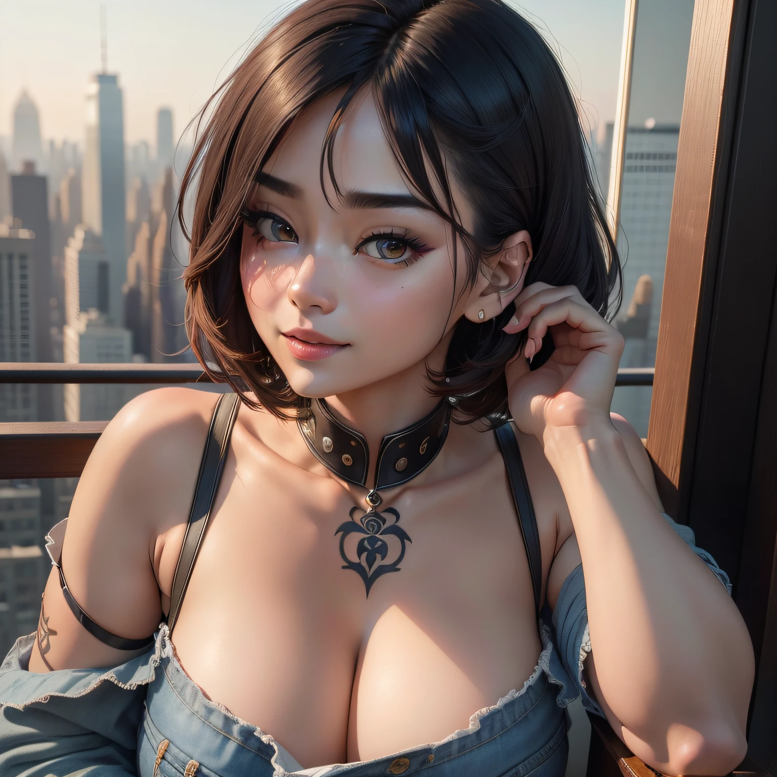 Ultra HD、hight resolution、animesque、top-quality、Full body posture、red blush、Man wins、tthin eyebrows、Invincible smile、SWAT、short-haired、silber hair、Black tank top、Lower body short denim、Beauty Gunman、Tattoo from the nape of the neck to the right elbow、poneyTail、A detailed face、beautidful eyes、A detailed eye、plump lips、facing back、Turn around、Medium bust、complexly detailed、exquisite、With extreme caution、Beautiful fece、maximum details、extremely hyper aesthetic、looking at the viewers、greybackground、 ​masterpiece、top-quality、hightquality、hight resolution、Amazing lighting、Detail Enhancement、most beautiful image in the world、8K分辨率、Stunning inspiration、Background New York cityscape