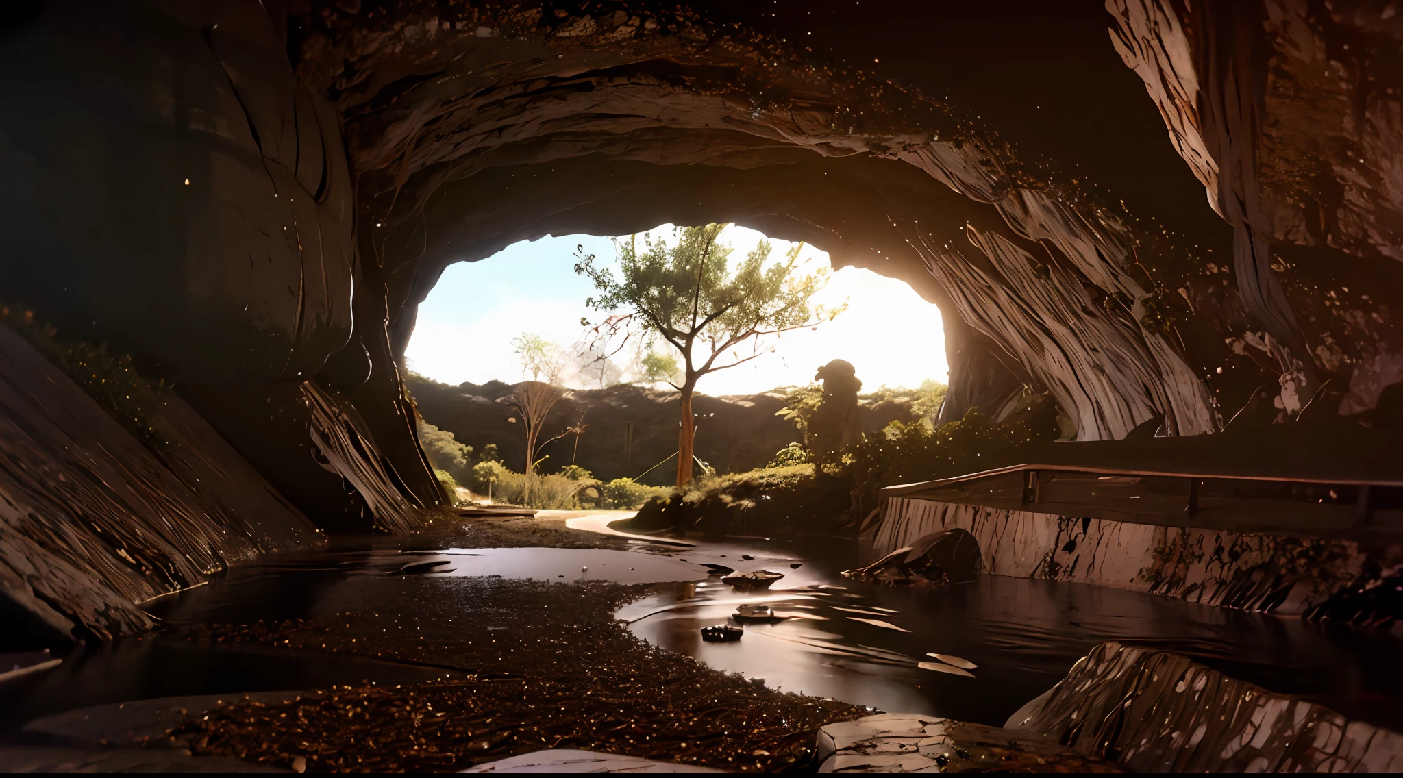 Peach blossom tree in the cave，See a mysterious cave, In the grotto