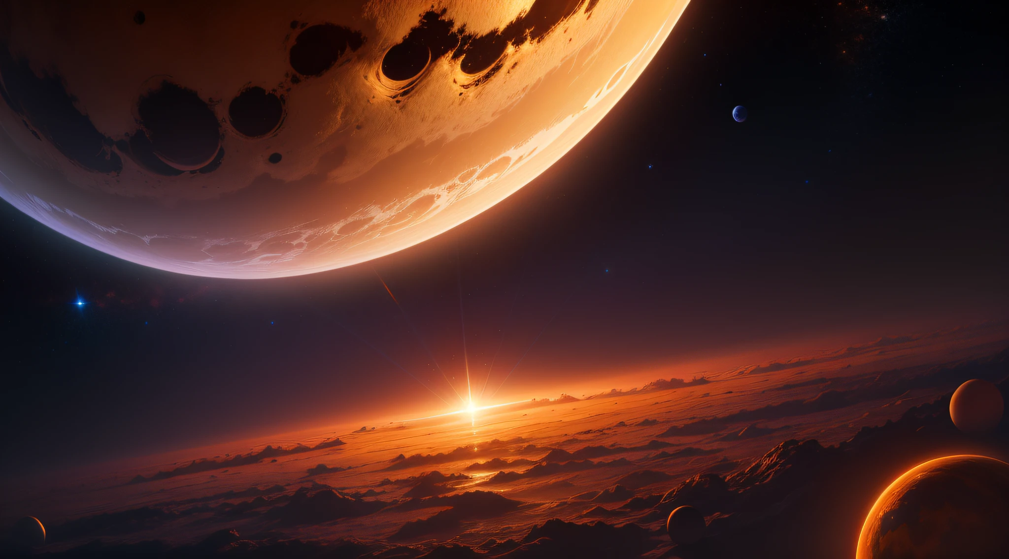 Cosmic dark background,The main body is an orange planet,super detailing,8K rendering,a golden halo,Floating small planets around