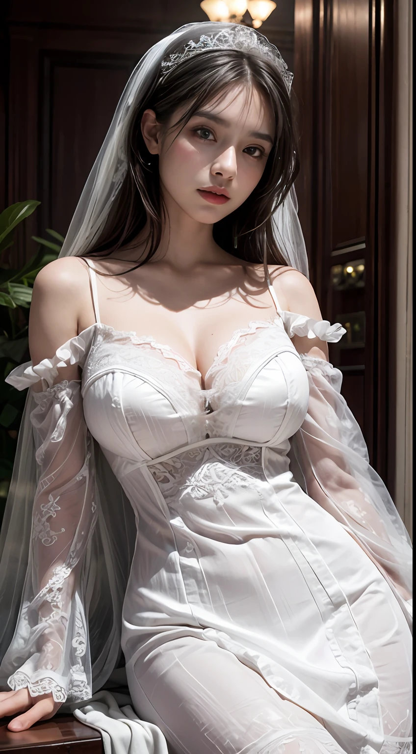 (8K，Ultra-clear photos)，offcial art，Unity ，Wallpapers，ultra - detailed，aestheticly pleasing，big breasts beautiful，tmasterpiece，best qualtiy，(Ultra-realistic skin texture)，fully body photo，Ultra-realistic textile textures，
downy， atmospurate， warm， romanticism lain， blissful， Literary， Artistically， Fashionab， victorian age， decor， iintricate， ironwork，( white lace chemise，white wedding gown，light yarn，Lace sand long dress)， Contemplative， emotive depth， supranatural，ssmile，Bigchest，