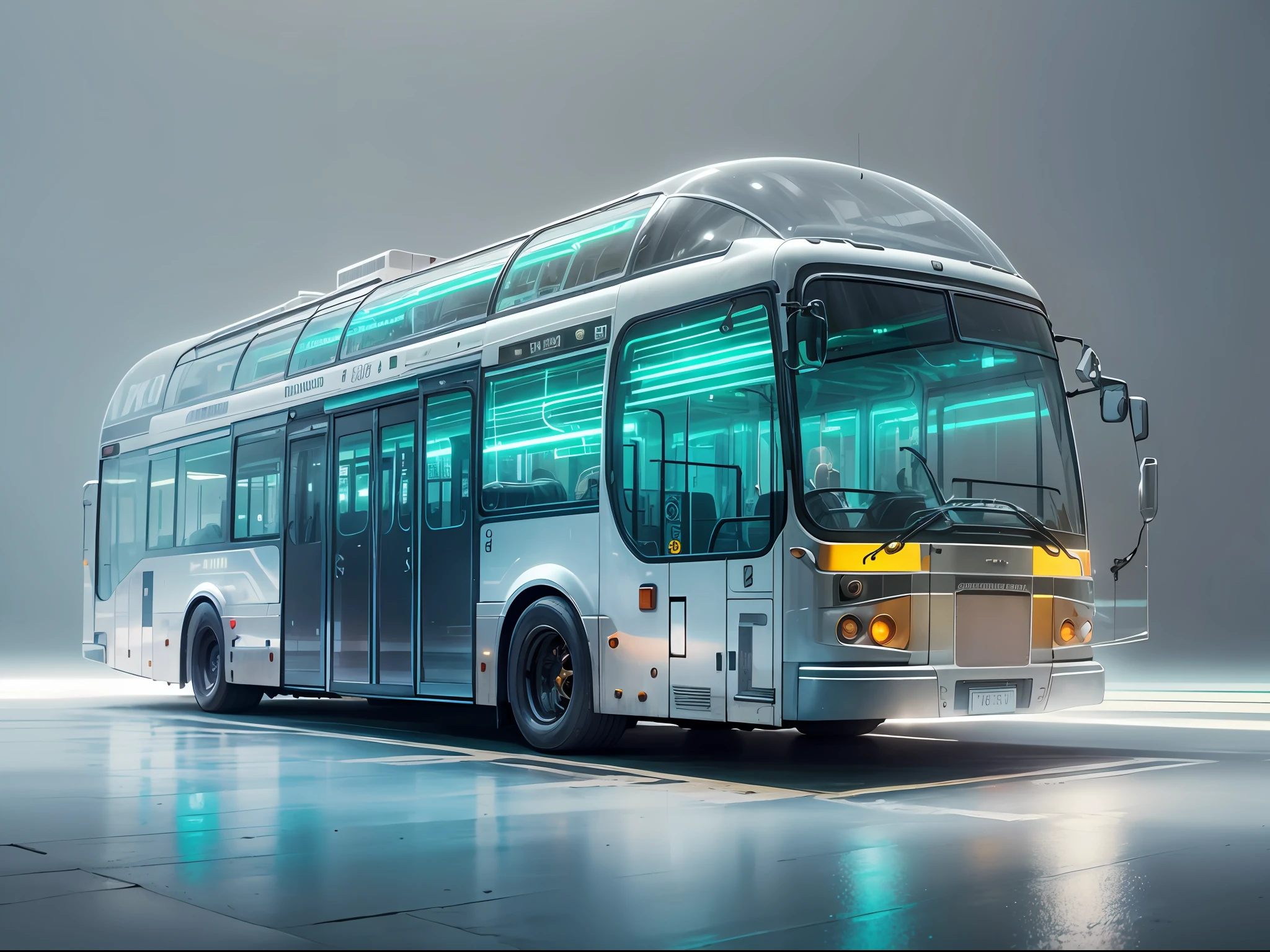 1  transparent bus, Colored Transparent plastic, Cyberpunk, Industrial design, clean, Luminous neon lamp,  White background, Surrealism, UHD, high details, best quality, 4k