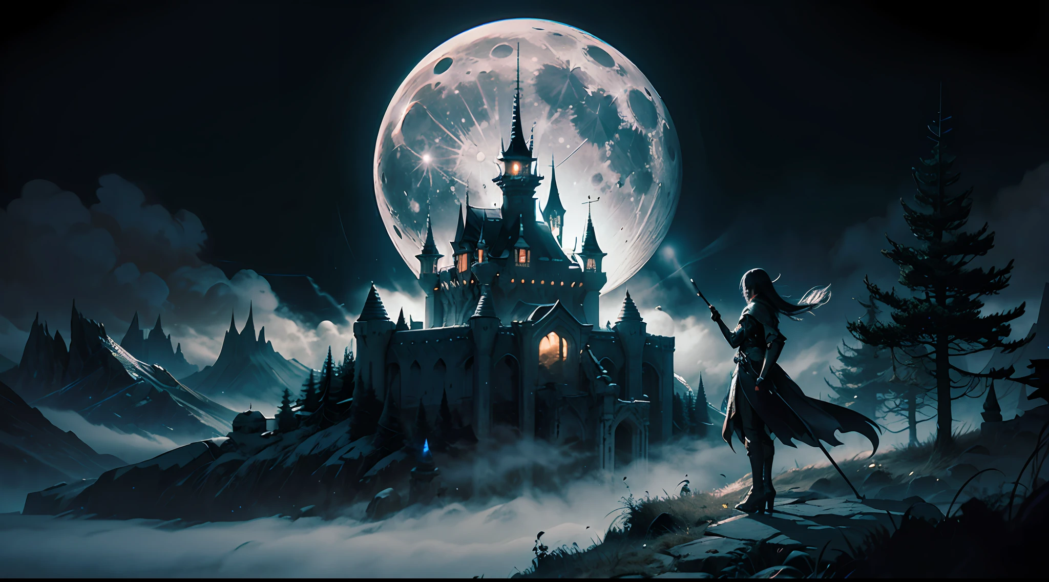 Moonlit Night Fantasy Fortress,Mysterious and dark,fog atmosphere,dense fog,opaque,streamer,bblurry,((3 moons in three colors)),Clear and detailed image quality,Engaging shots,Soft lighting,Great details,Transparent starry sky,Unique architecture,Blinking lights,Active character actions。