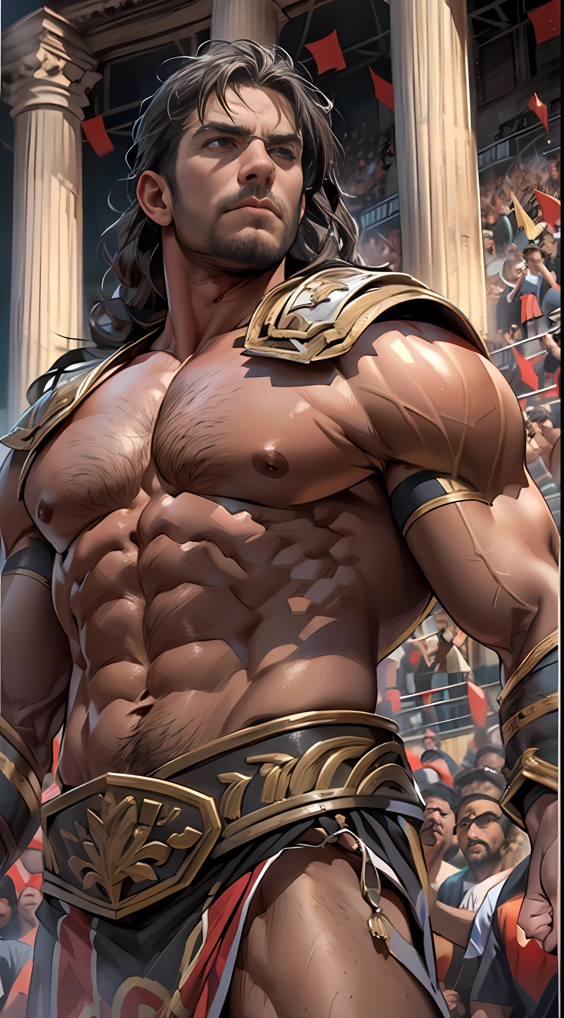 Mighty gladiator, upper torso exposed, legs unclothed from thighs to feet, flowing long curls, detailed muscular physique, lifelike depiction, 4K resolution. Background: Roman colosseum filled with cheering crowd.,32k uhd, best quality, masterpiece, super detail, high details