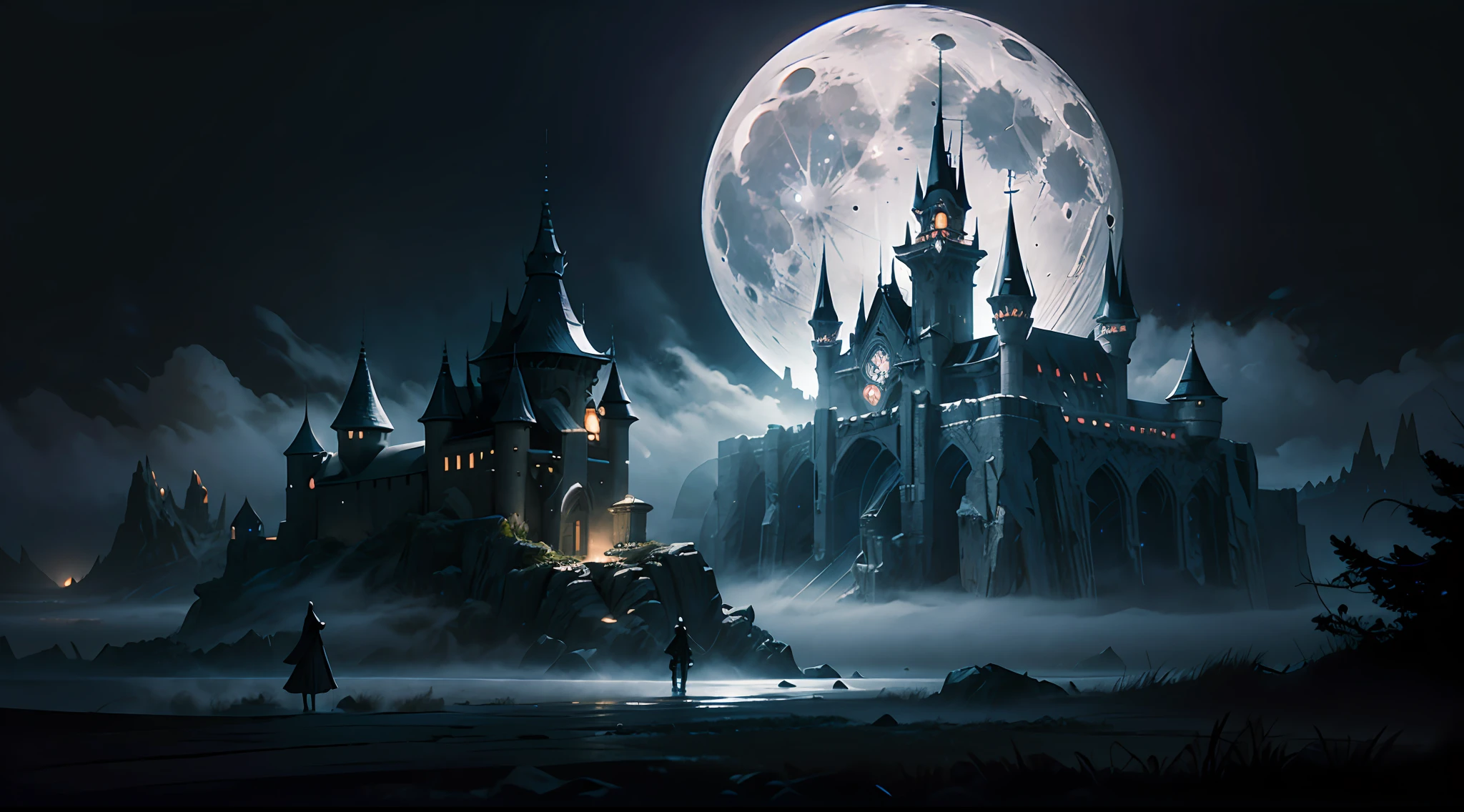 Moonlit Night Fantasy Fortress,Mysterious and dark,fog atmosphere,dense fog,opaque,streamer,bblurry,((3 moons in three colors)),Clear and detailed image quality,Engaging shots,Soft lighting,Great details,Transparent starry sky,Unique architecture,Blinking lights,Active character actions。