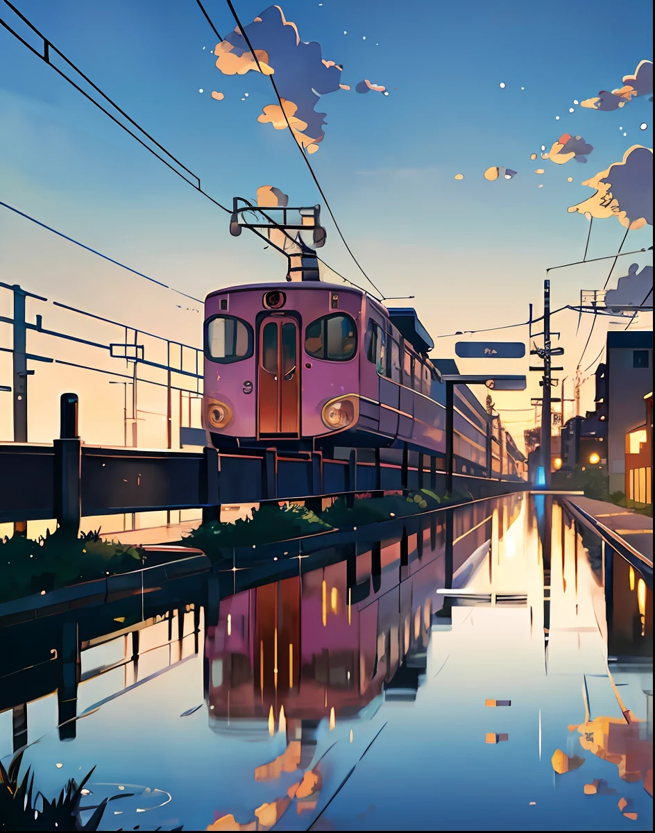 Masterpiece, anime train on tracks through a body of water, pink train. Romantic Train, Makoto Shinkai&#39;s picture, pixiv, concept art, lofi art style, reflection. by makoto shinkai, lofi art, beautiful anime scenes, anime scenery, detailed scenery—width 672, in style of makoto shinkai, style of makoto shinkai, details enhanced.