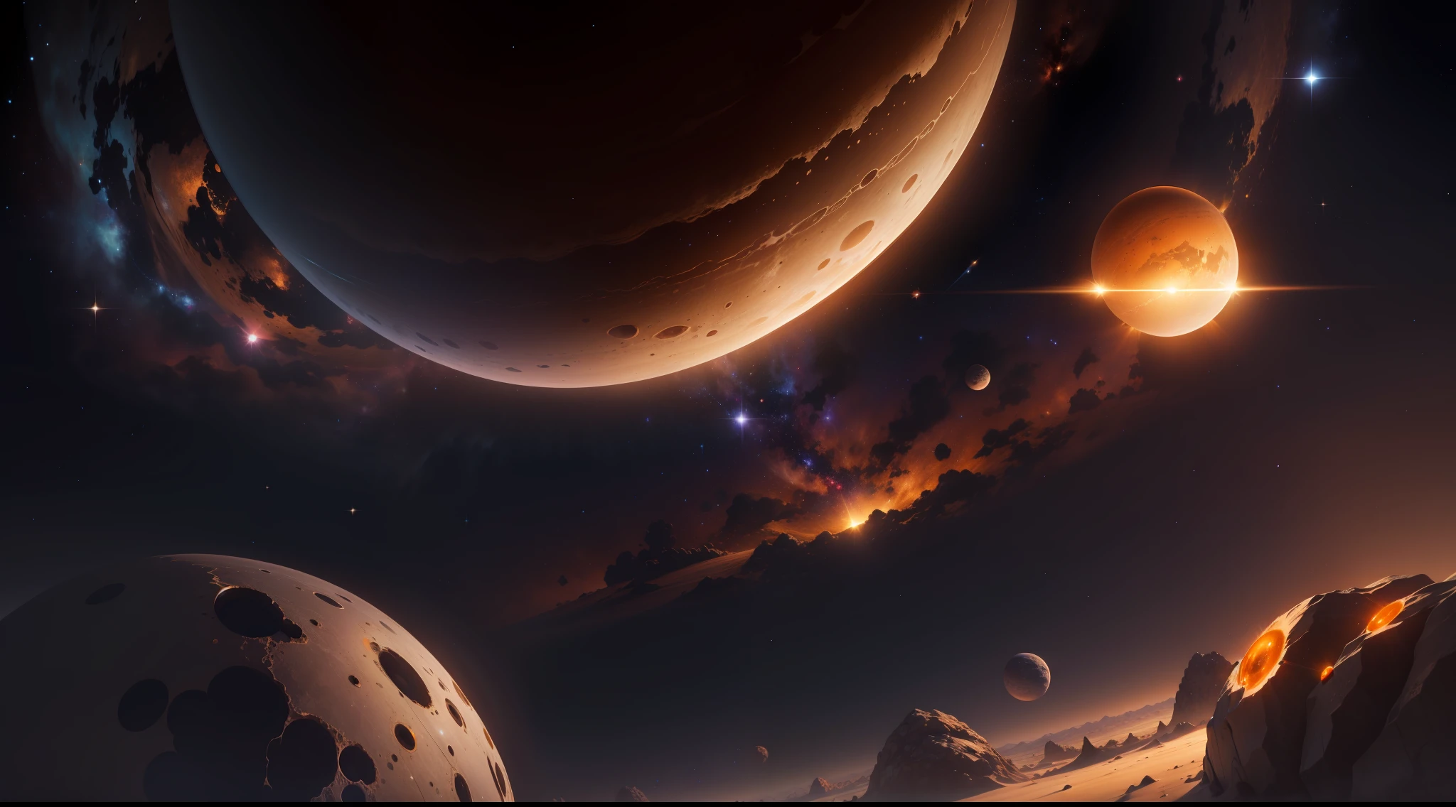 Cosmic dark background,The main body is an orange planet,super detailing,8K rendering,a golden halo,The surrounding asteroids float,starrysky,galaxias