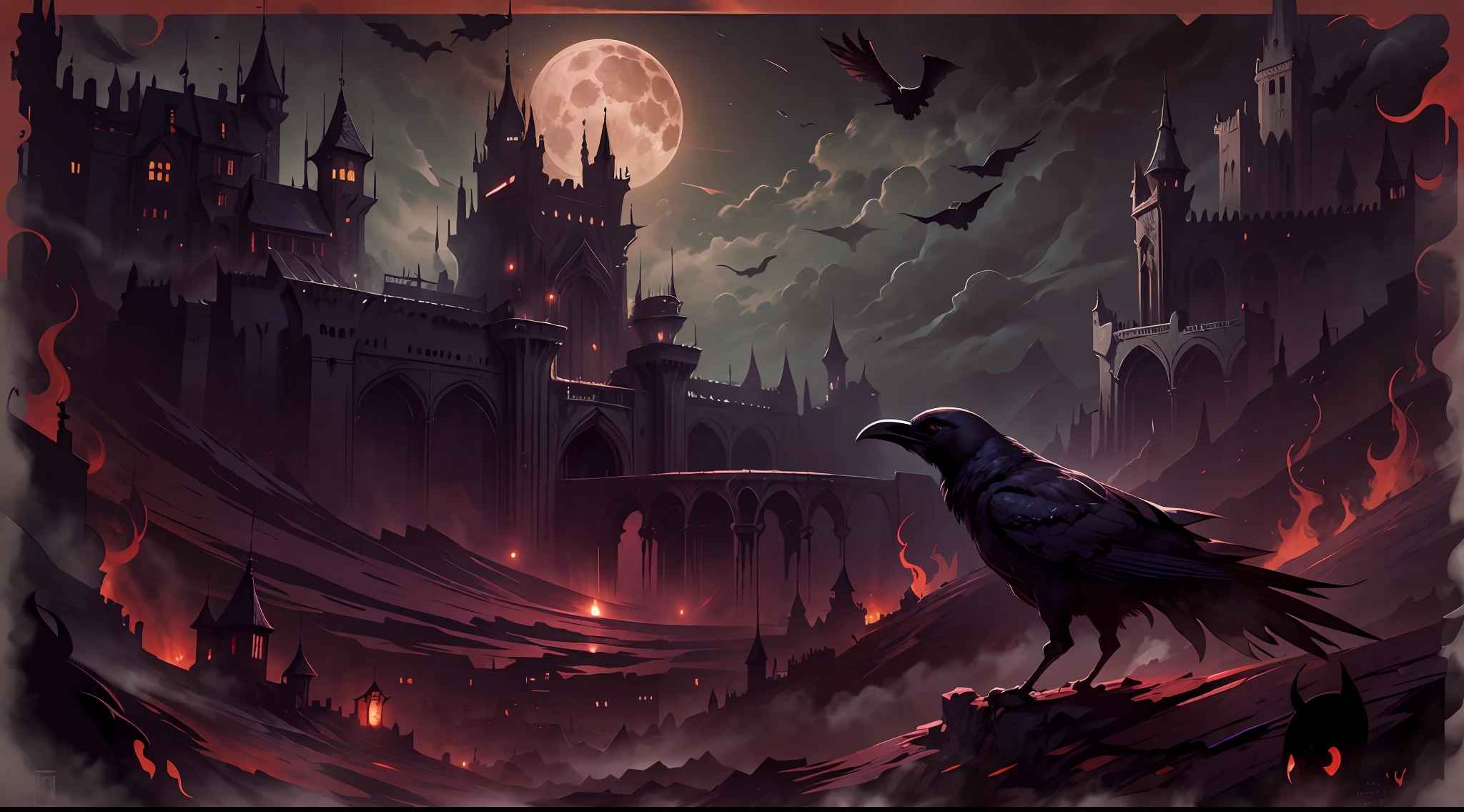 the fortress，Blood-colored moon，cawing ravens，salama，（high qulity，Optimal detail：1.5），Sharp brushstrokes，wide wide shot，Dark atmosphere