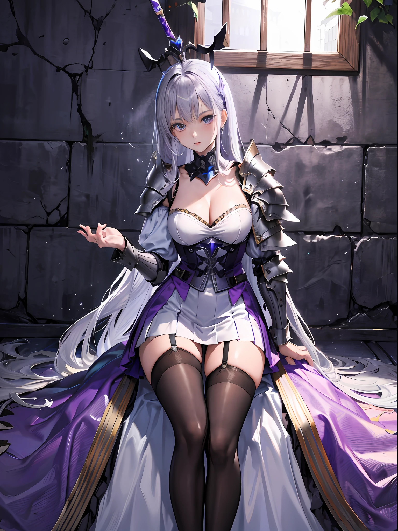 Wear purple,Heavy knight armor,Wear a purple bracket,Large silver-toned shoulder pads,Silver calf and knee armor,Tall girl,Real Human,Purple and white striped miniskirt,Black suspender stockings,In front of the castle,Hold a sword in your right hand,fully body photo