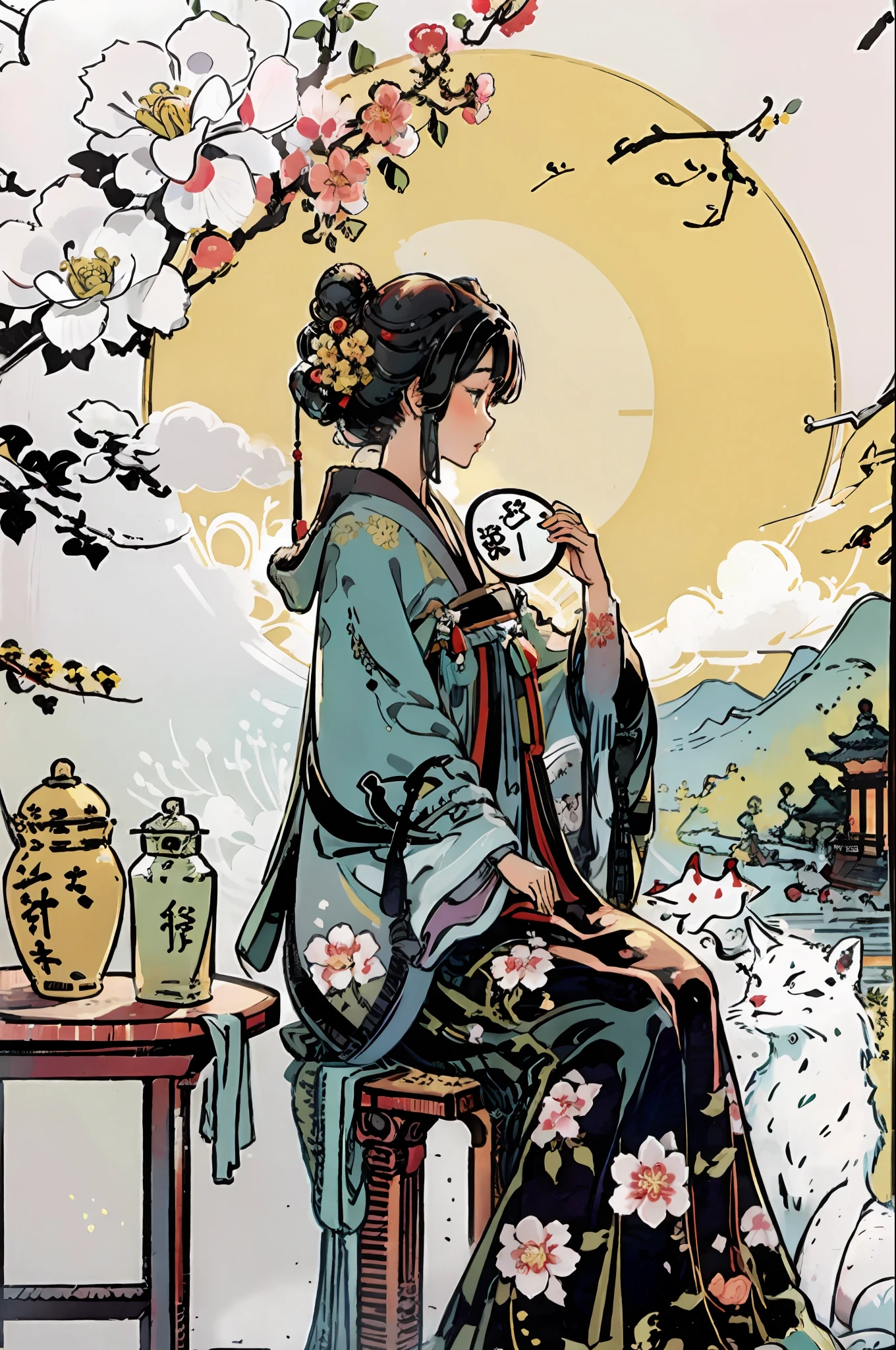 masterpiece, best quality, hanfukozue, 1girl, solo, black hair, hair ornament, sitting, hair flower, hair bun, single hair bun, flower, lattice, petals, round window, holding, cherry blossoms, window, chinese clothes, from side, full body, long sleeves, wide sleeves, fur trim, table, shawl, kimono, architecture, dress, updo, hand fan, profile, hanfu, floral print, japanese clothes, short hair, animal print, chair, east asian architecture, hair stick
