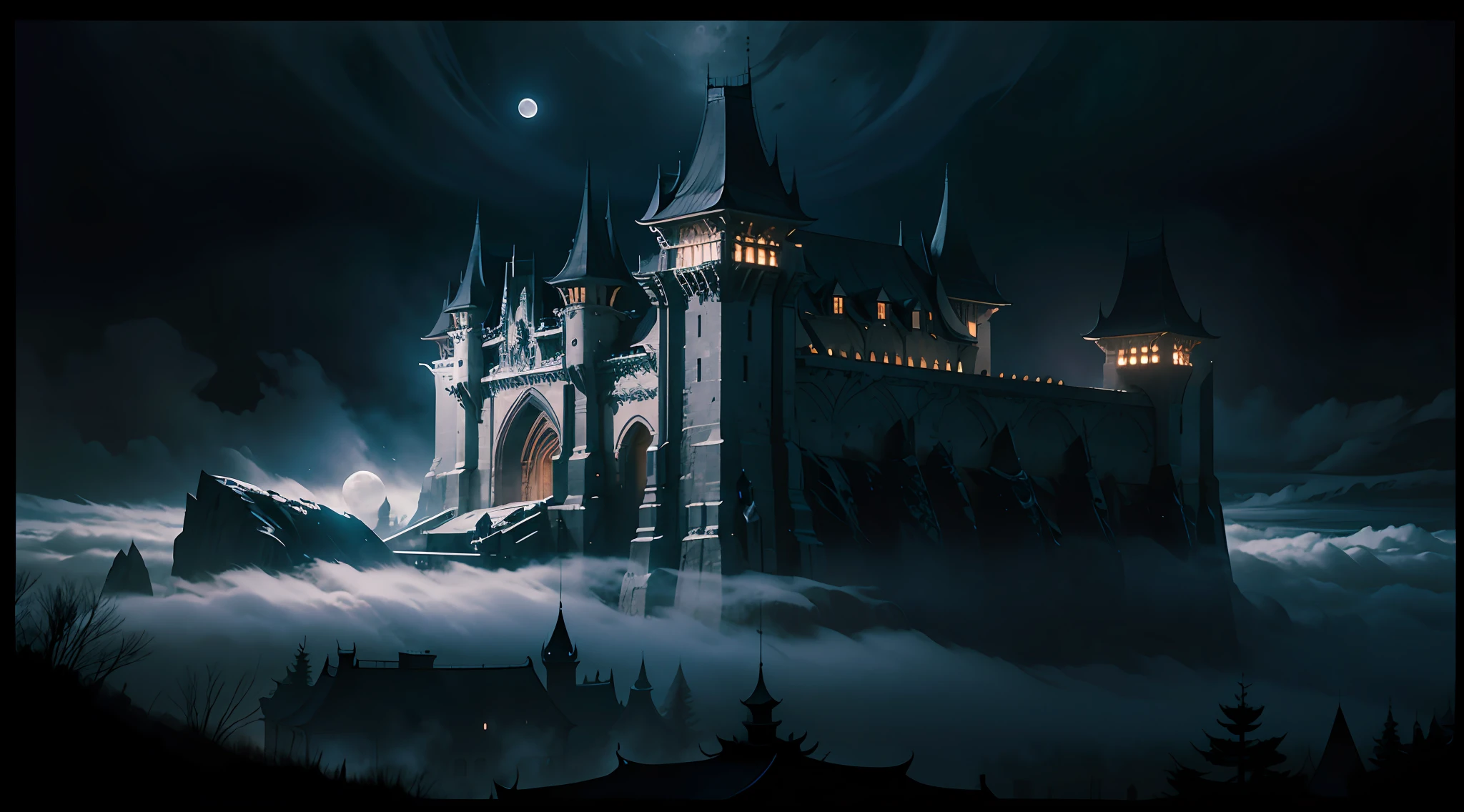 Moonlit Night Fantasy Fortress，Mysterious and dark，fog atmosphere，dense fog，opaque，streamer，bblurry，（（3 moons in three colors）），Clear and detailed image quality，Engaging shots，Soft lighting，Great details，Transparent starry sky，Unique architecture，Blinking lights，Active character actions。