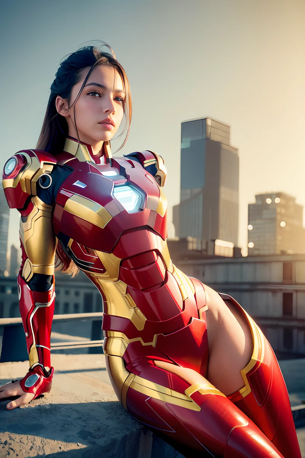RAW, Masterpiece, Ultra Fine Photo,, Best Quality, Ultra High Resolution, Photorealistic, Sunlight, Full Body Portrait, Stunningly Beautiful,, Dynamic Poses, Delicate Face, Vibrant Eyes, (Side View) , she is wearing a futuristic Iron Man mech, red and gold color scheme, highly detailed abandoned warehouse background, detailed face, detailed and complex busy background, messy, gorgeous, milky white, high detailed skin, realistic skin details, visible pores , sharp focus, volumetric fog, 8k uhd, dslr camera, high quality, film grain, fair skin, photorealism, lomography, sprawling metropolis in futuristic dystopia, view from below, translucent