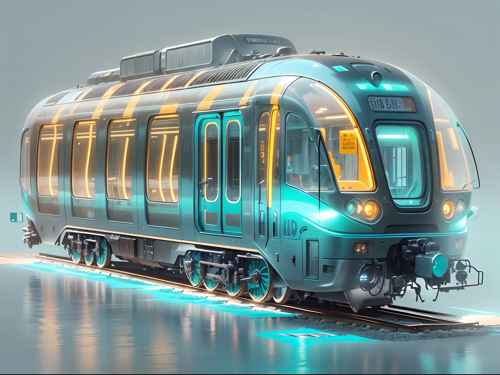 1 transparent train, Colored Transparent plastic, Cyberpunk, Industrial design, clean, Luminous neon lamp, White background, Surrealism, UHD, high details, best quality, 4k
